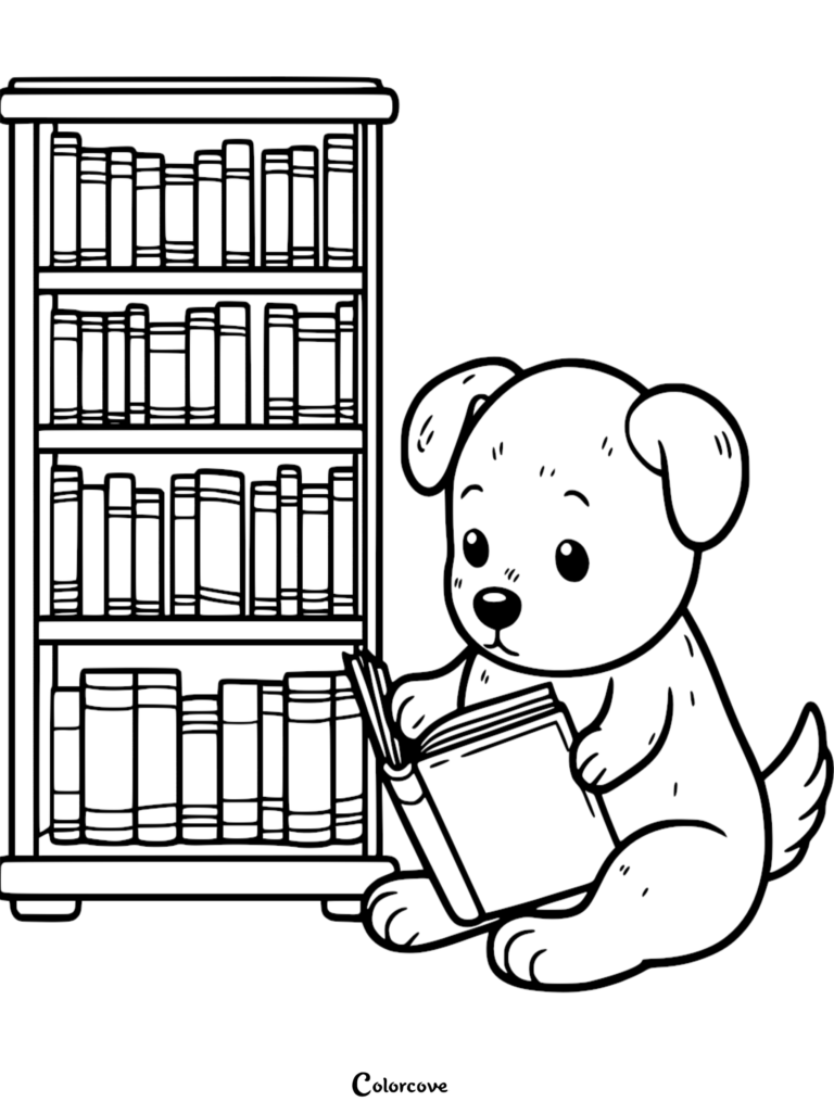 A cute puppy sitting on the floor reading an open book next to a tall, full wooden bookshelf in this printable coloring page.