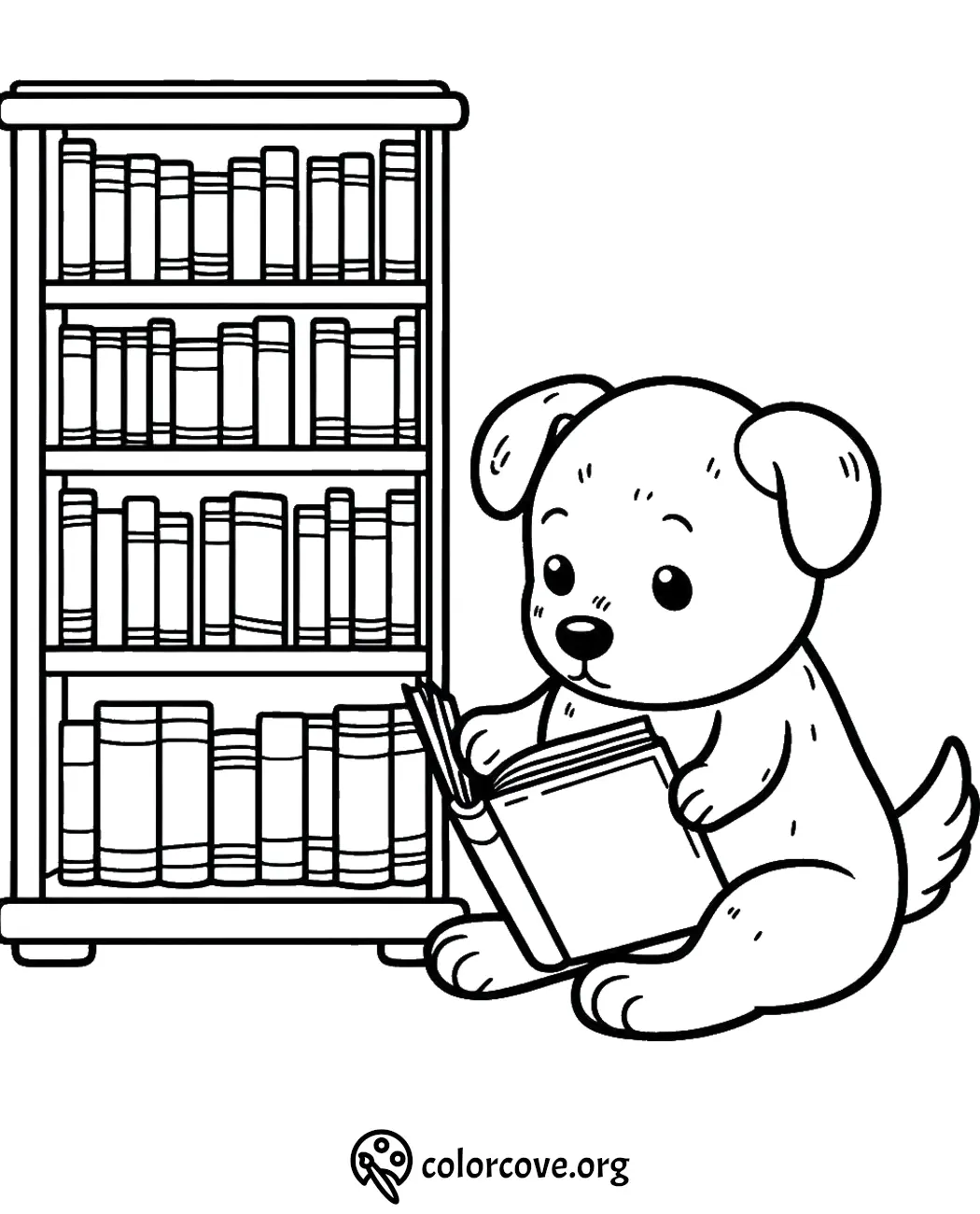 Cute puppy with a book next to a bookshelf coloring page.