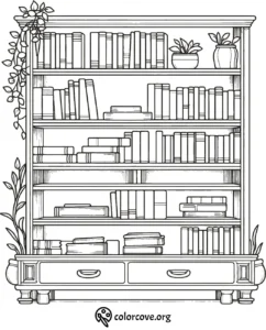 Coloring page of a bookshelf with neatly arranged books and potted plants, featuring decorative vines.