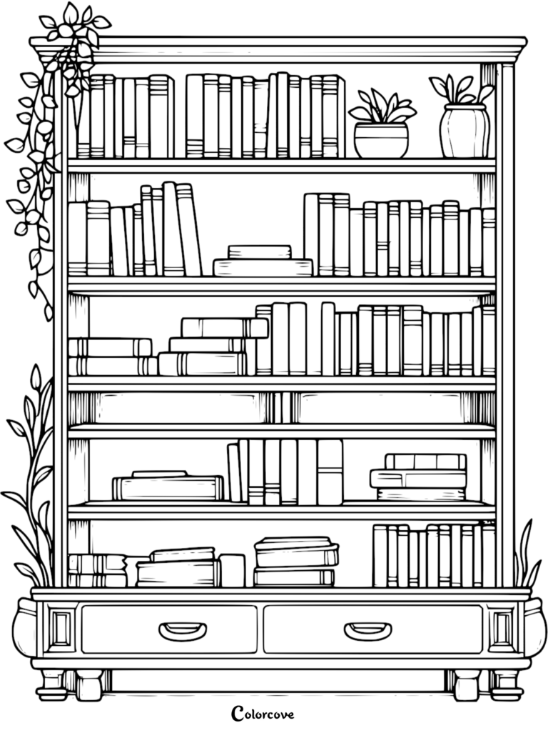 A detailed coloring page of a wooden bookshelf filled with rows of books, potted plants, and trailing vines on the side.