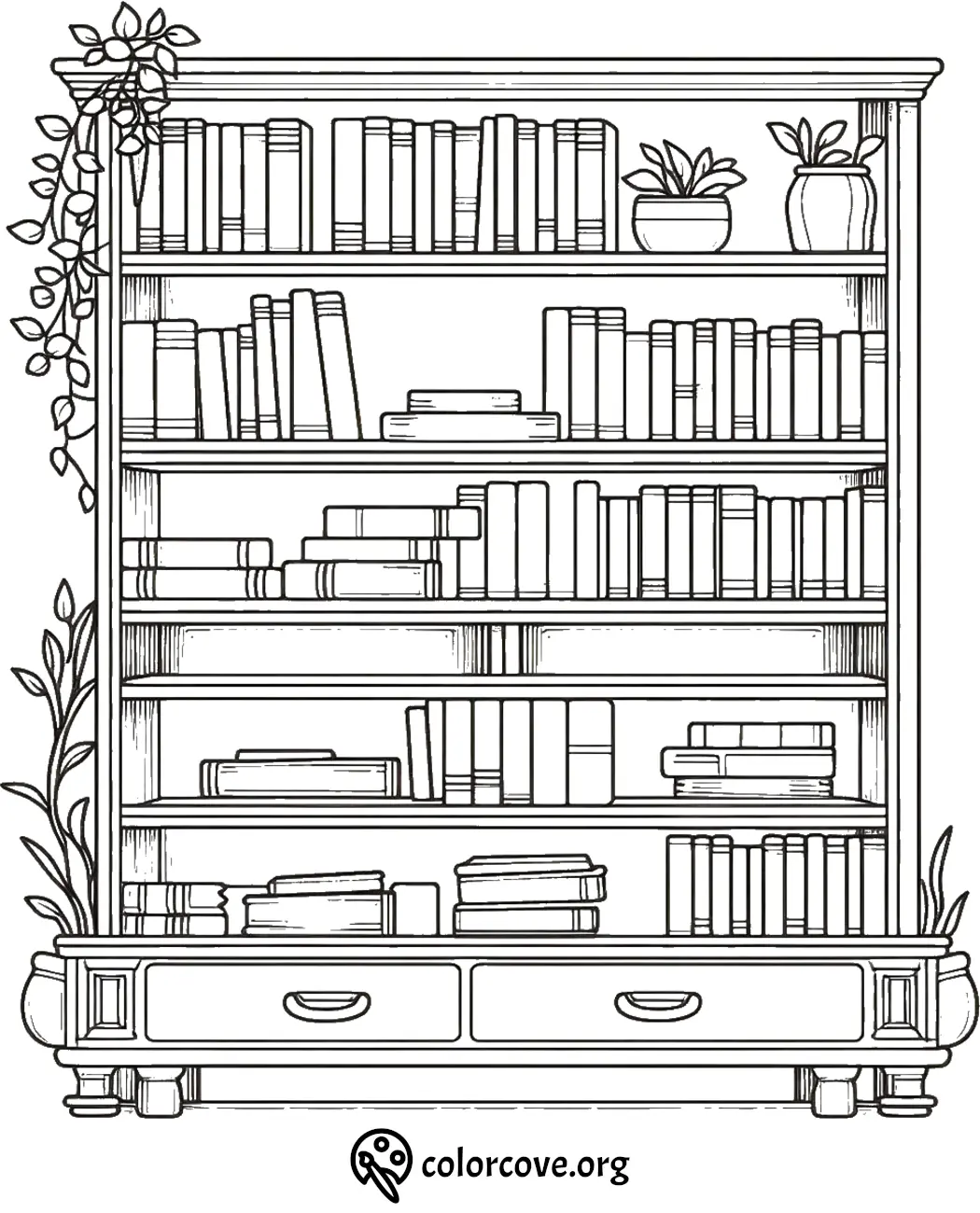 Coloring page of a bookshelf with neatly arranged books and potted plants, featuring decorative vines.