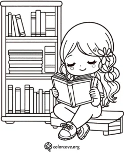 Girl reading a book in a library, surrounded by shelves, coloring page for kids.