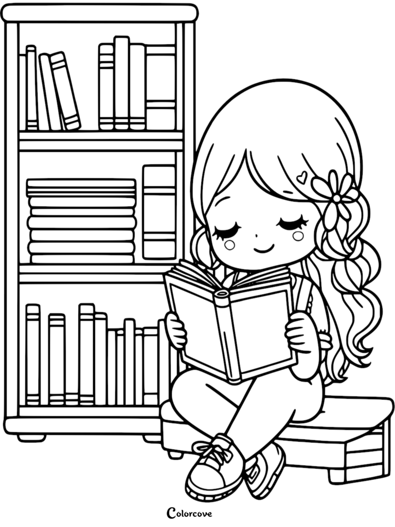 A cute chibi girl with a flower in her hair sitting on a stool reading a book next to a tall bookshelf, line art coloring page.