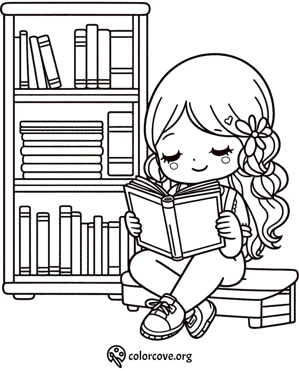 Girl reading a book in a library, surrounded by shelves, coloring page for kids.