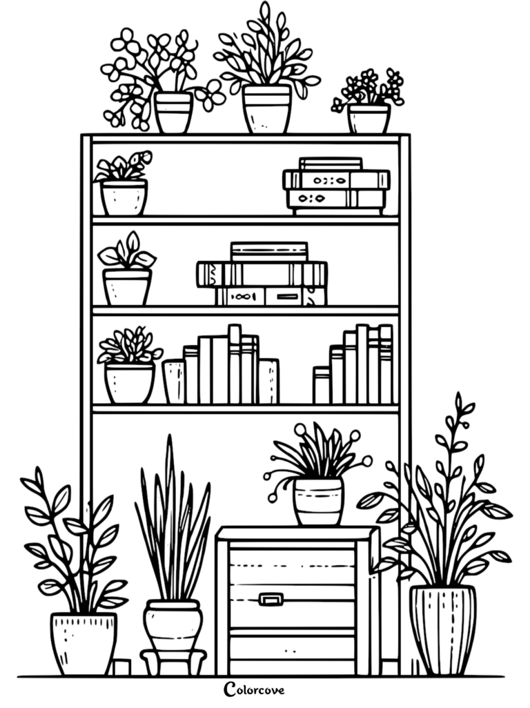 A line art coloring page featuring a tall bookshelf filled with stacks of books and various potted houseplants on every shelf and the floor.