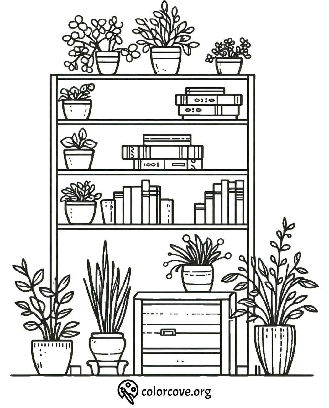 Coloring page featuring a bookshelf with plants and books for creativity and relaxation.