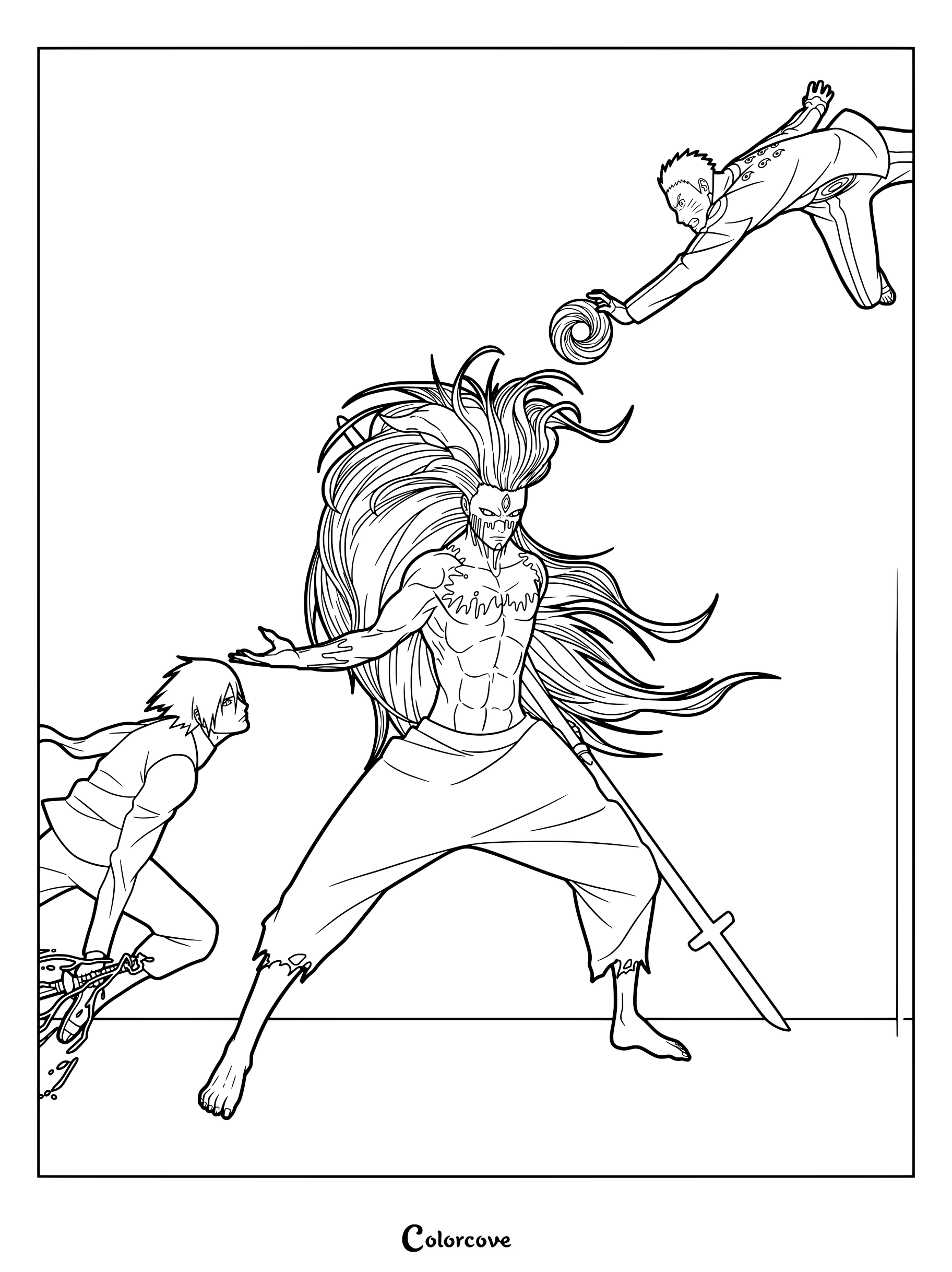 Coloriage de Momoshiki Ôtsutsuki fusionné affrontant Naruto Uzumaki en Mode Ermite Rikudô et Mode Chakra de Kyûbi, ainsi que Sasuke Uchiwa