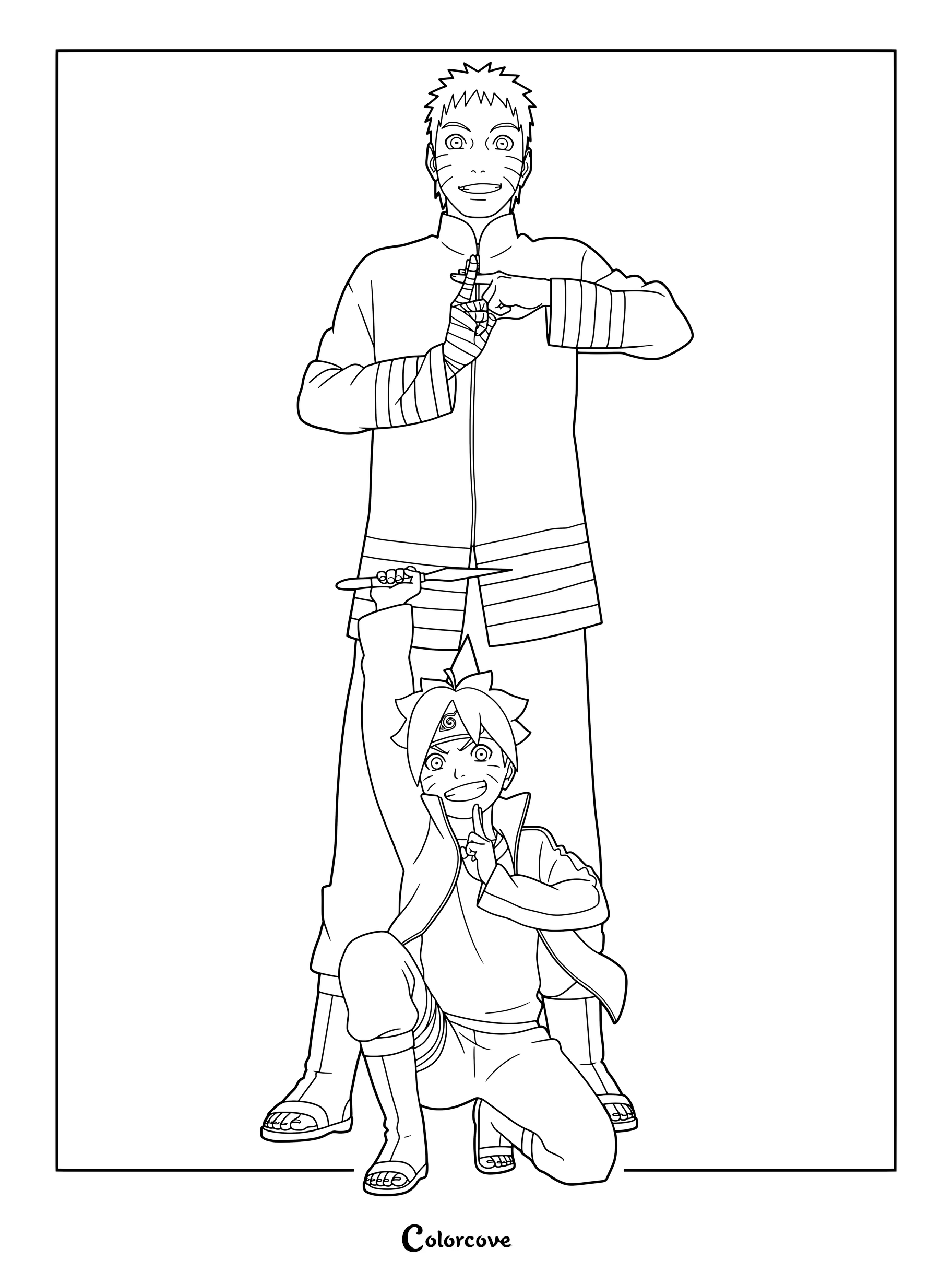 Coloriage en dessin au trait de Naruto et Boruto debout ensemble