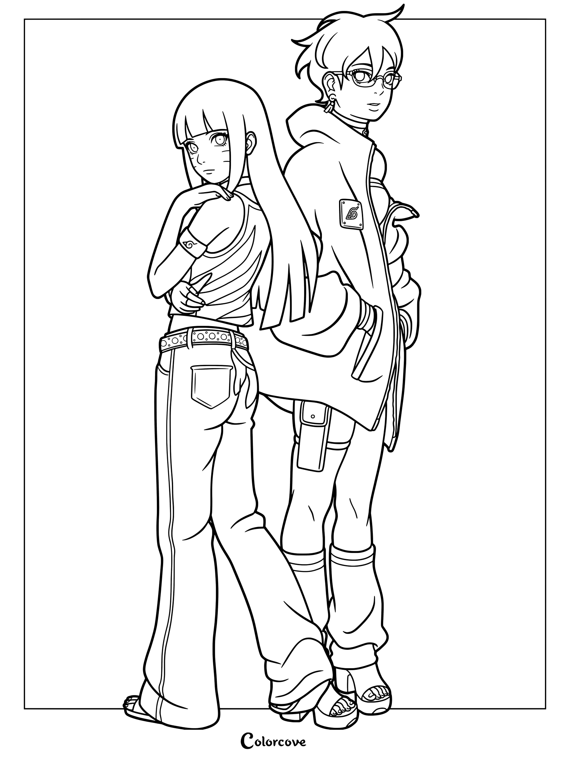 Coloriage aux contours nets de Himawari et Sarada debout dos à dos