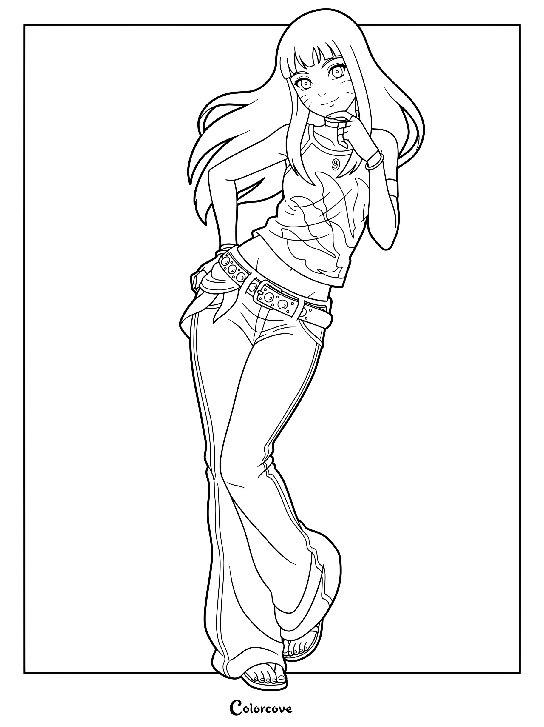 Coloriage d'Himawari avec ses cheveux longs et une tenue décontractée