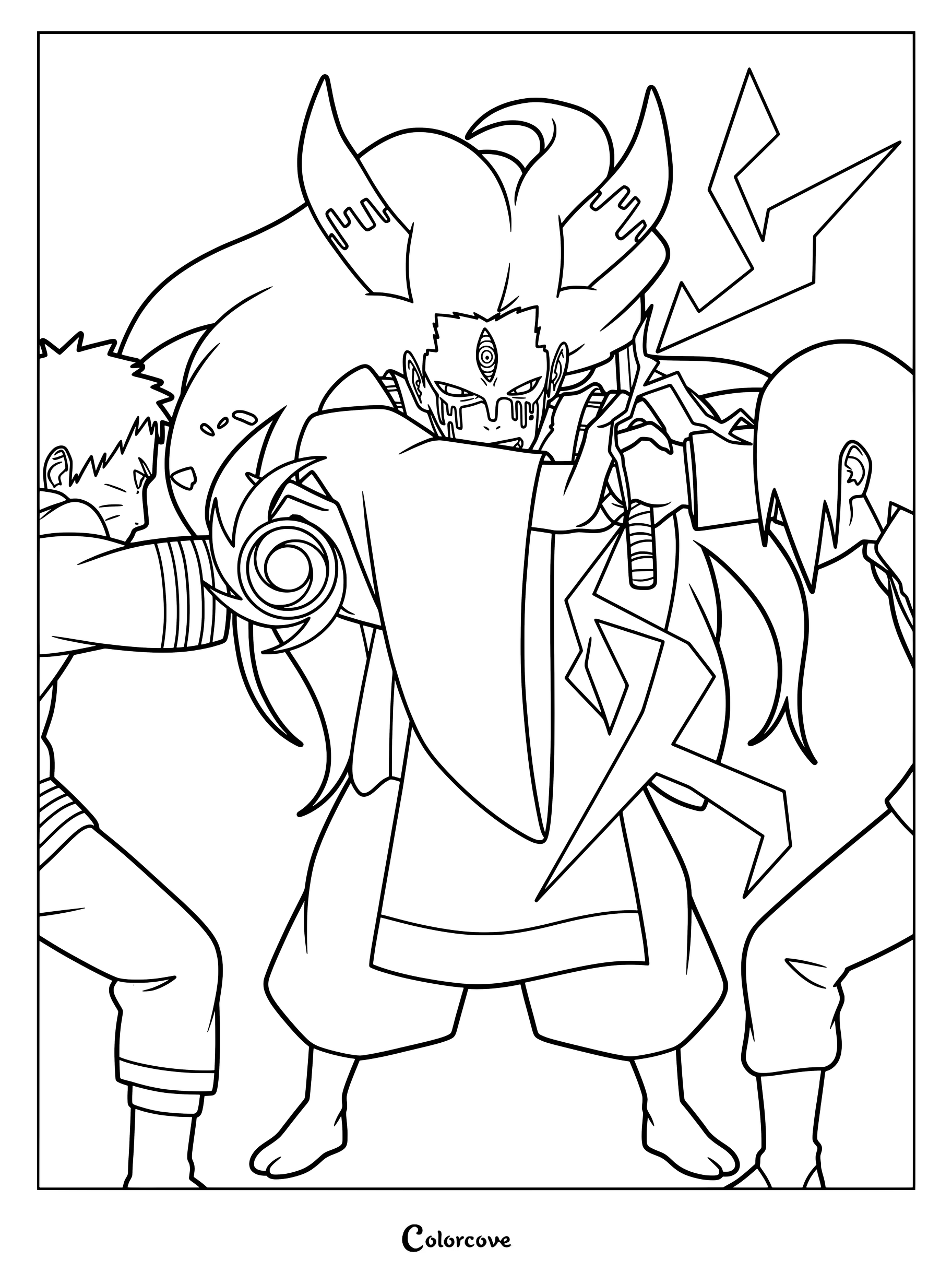 Coloriage plein d'action de Naruto et Sasuke combattant Momoshiki Ôtsutsuki