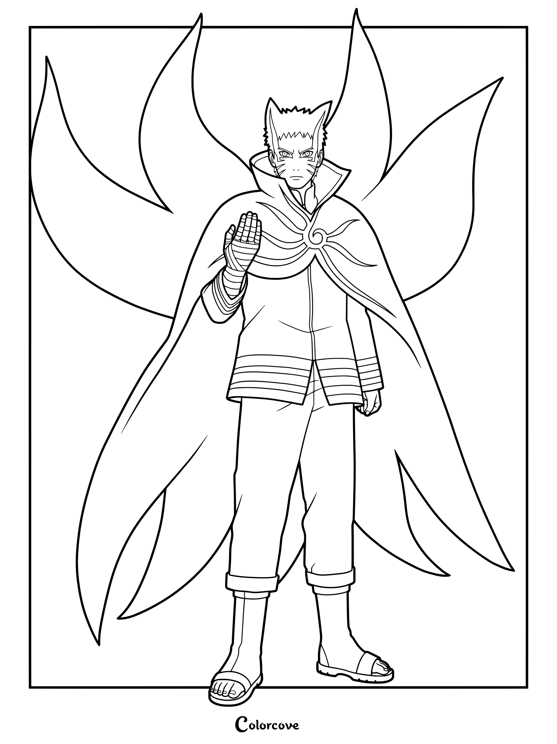 Coloriage de Naruto Uzumaki en Mode Baryon arborant son puissant manteau à neuf queues et ses mèches de cheveux en forme d'oreilles de renard