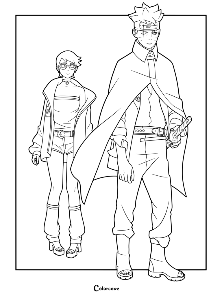 Página para colorear en lineal imprimible que muestra a Sarada Uchiha y Boruto Uzumaki juntos con atuendos detallados