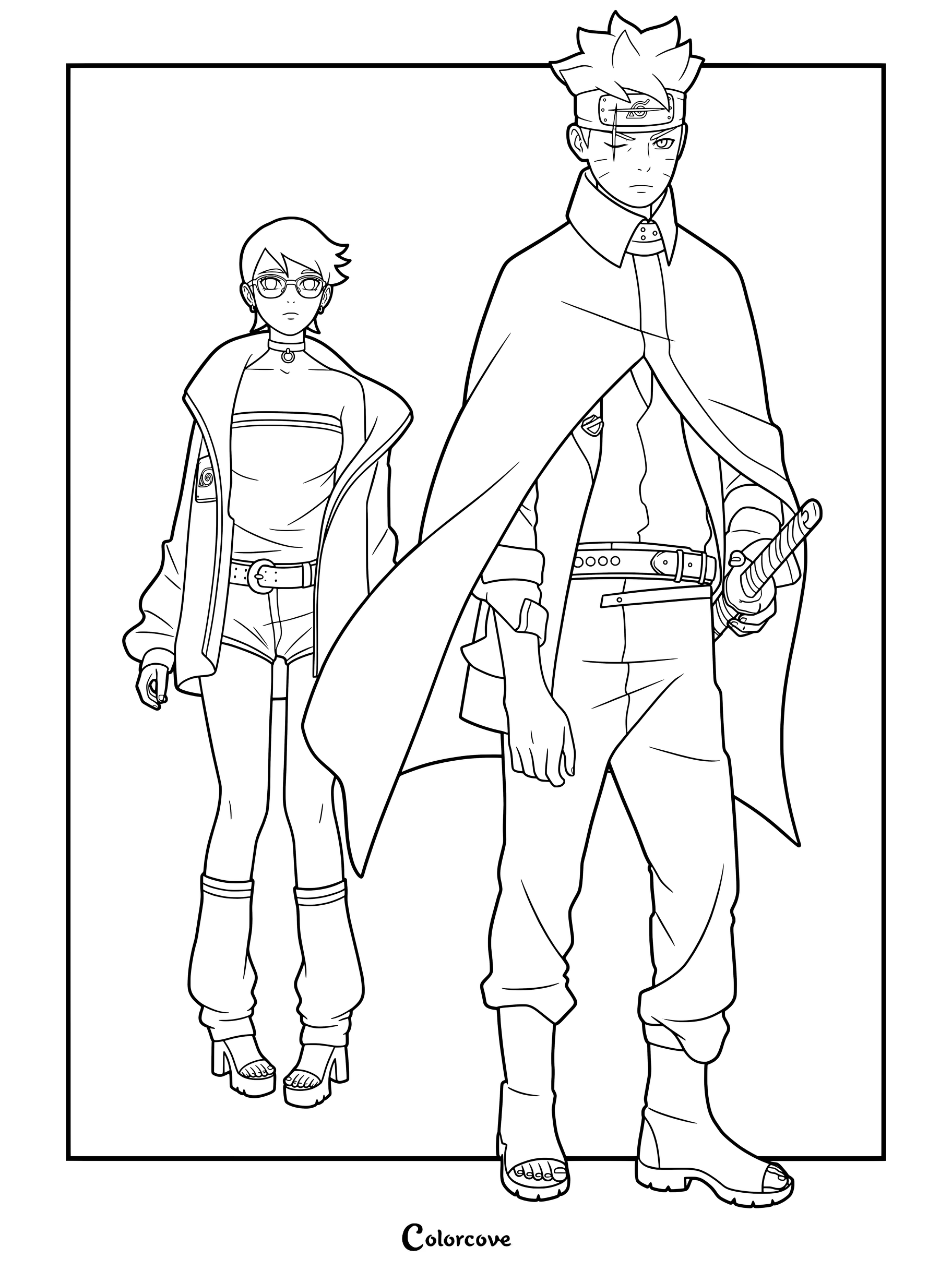 Coloriage en dessin au trait à imprimer présentant Sarada Uchiwa et Boruto Uzumaki debout ensemble dans des tenues détaillées