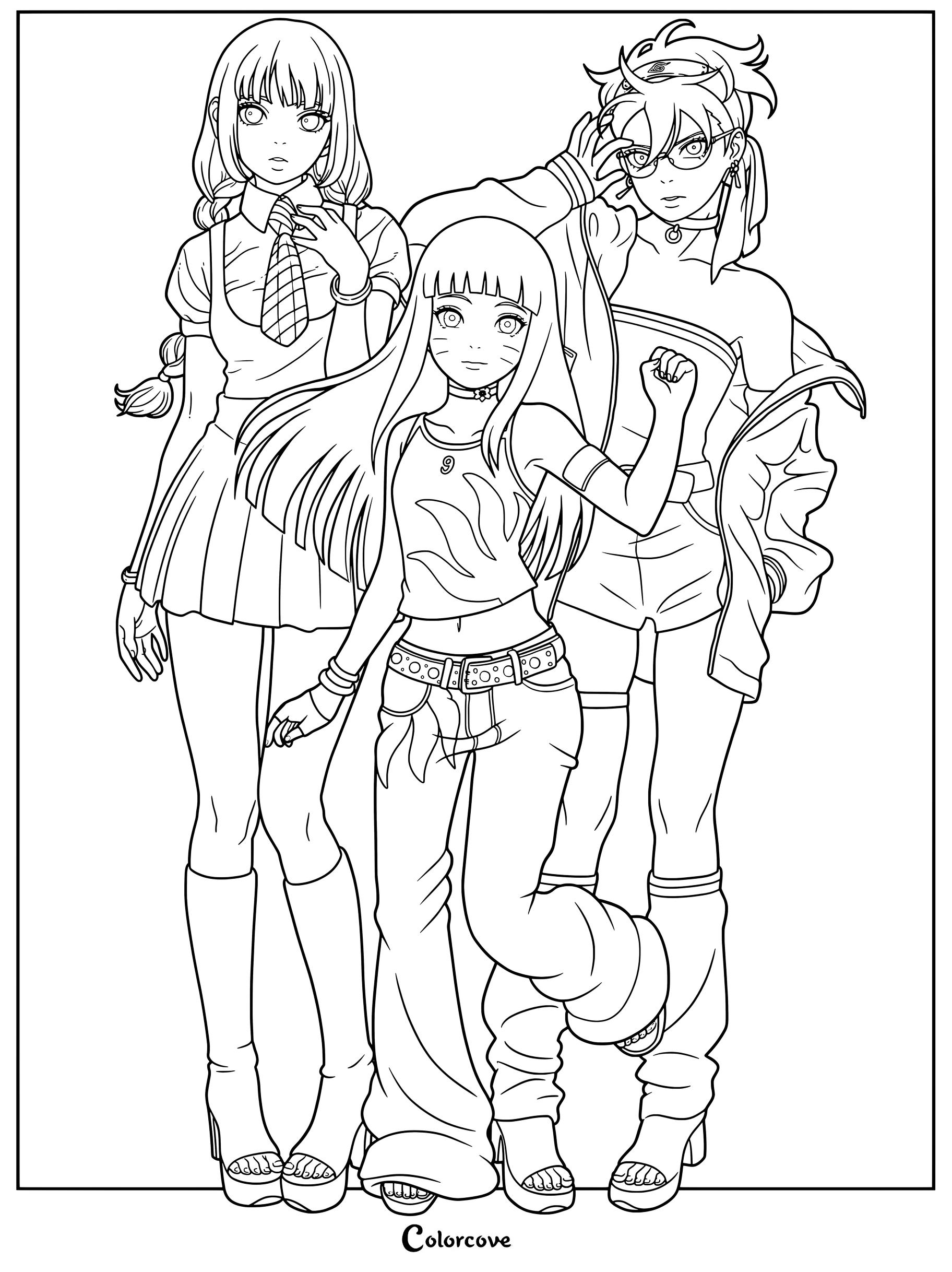 Coloriage de Sumire, Himawari et Sarada posant ensemble