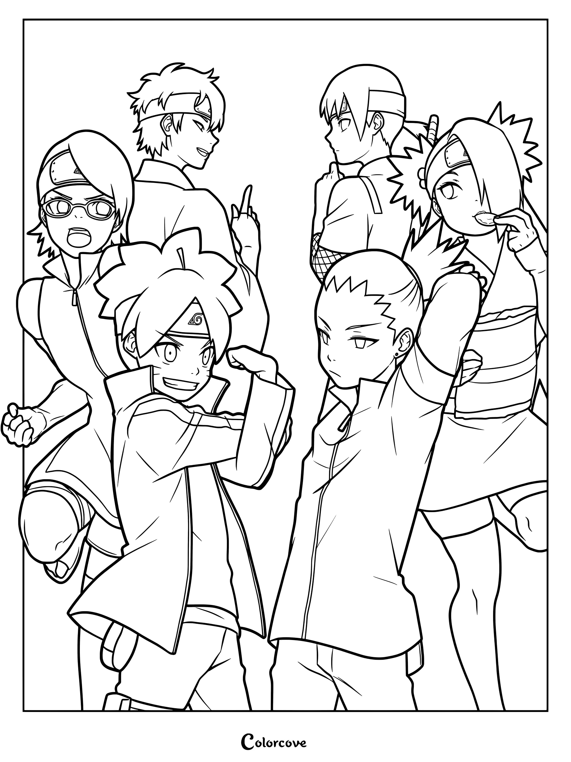 Coloriage avec Boruto Uzumaki, Sarada Uchiwa, Mitsuki, Inojin Yamanaka, Shikadai Nara et Chôchô Akimichi.