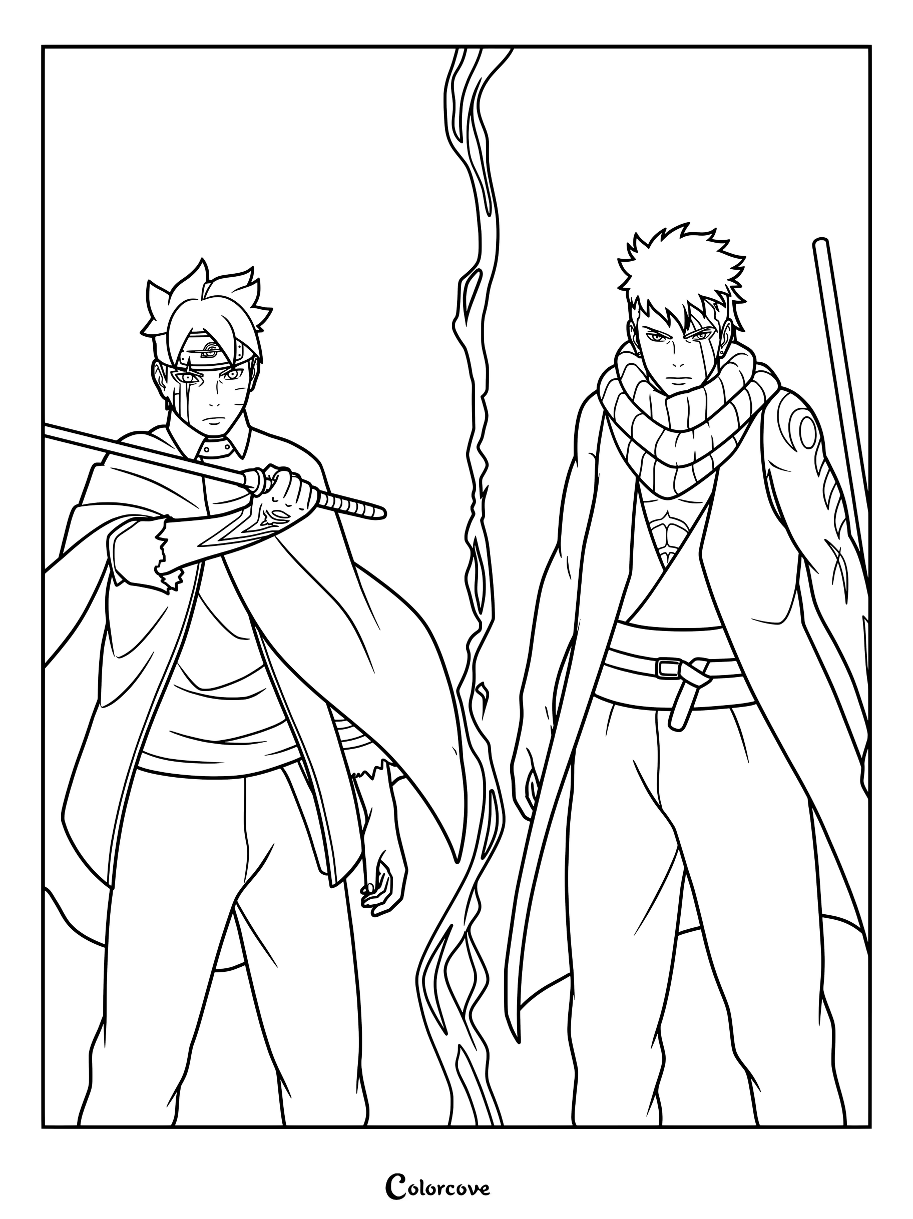 Coloriage de Boruto et Kawaki debout avec des épées et un équipement ninja