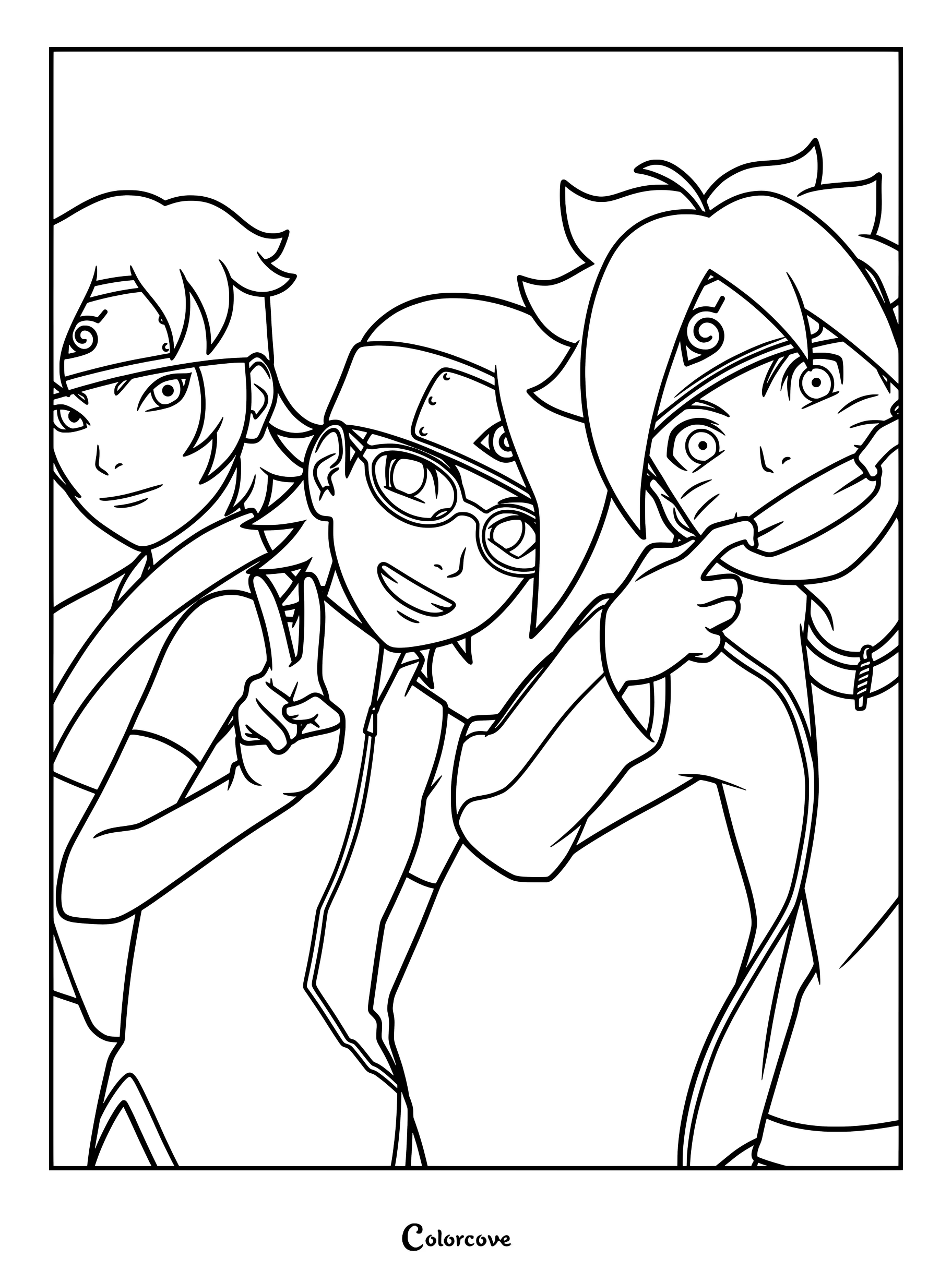 Boruto Uzumaki, Sarada Uchiwa et Mitsuki de l'Équipe 7 posant ensemble pour un coloriage.