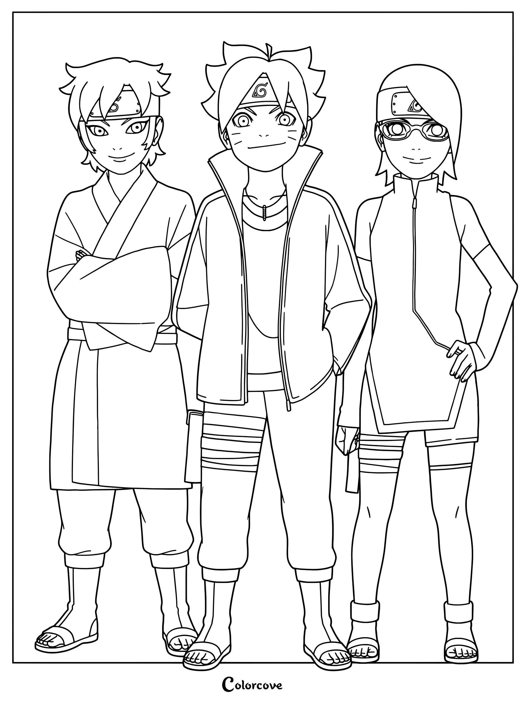 Coloriage Boruto présentant les membres de la nouvelle génération de l'Équipe 7 de Boruto, dont Mitsuki, Boruto Uzumaki et Sarada Uchiwa.