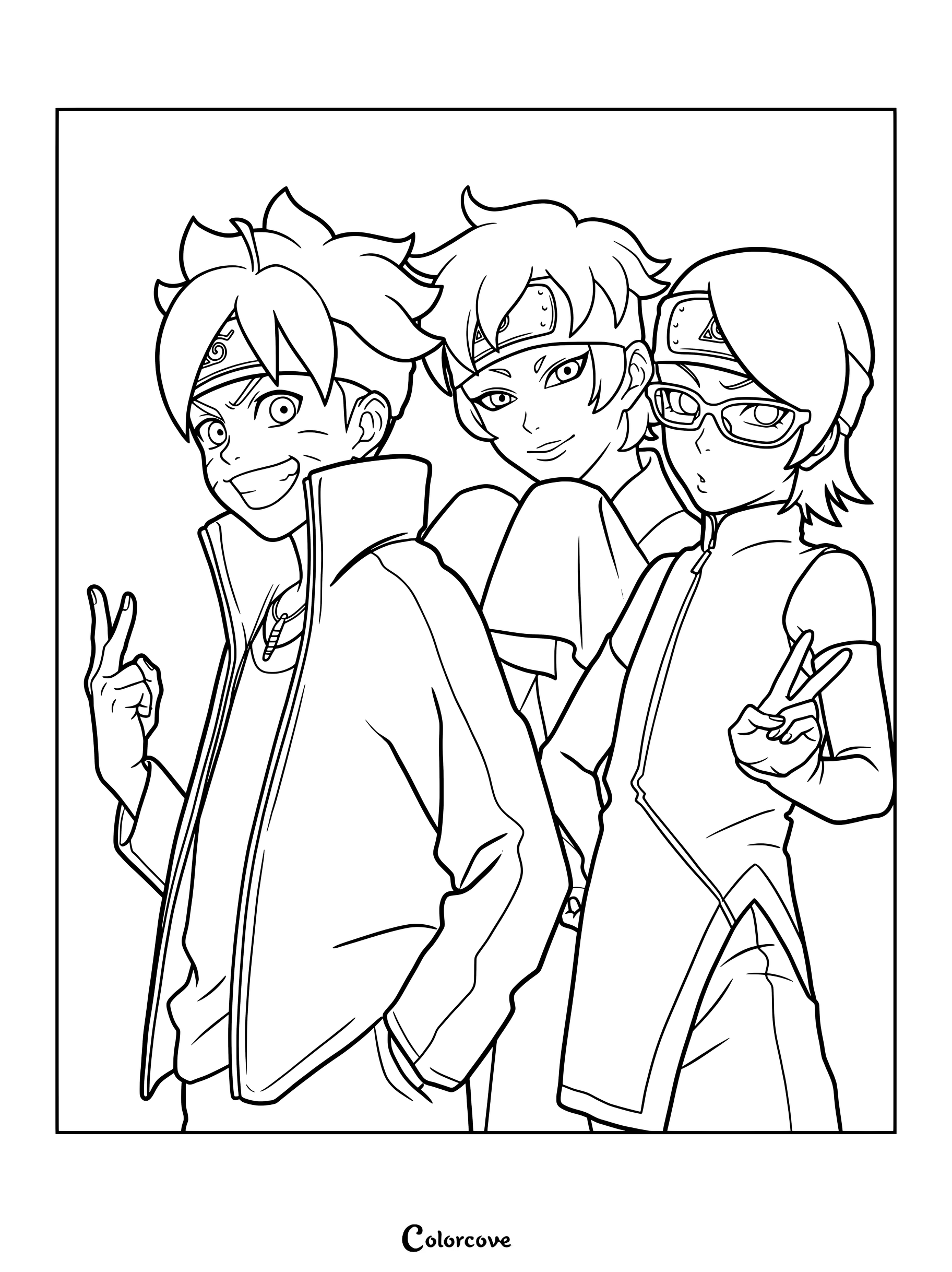 L'image montre la nouvelle génération de l'Équipe 7 du manga et de l'animé Boruto, proposant le trio principal en coloriage.