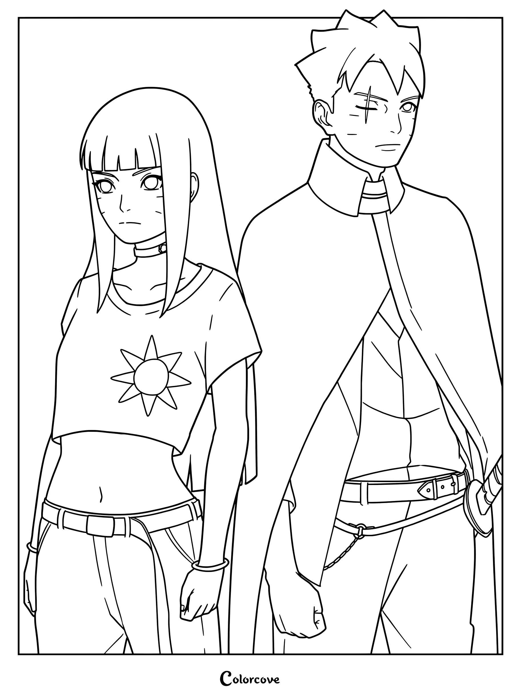Coloriage à imprimer présentant Himawari Uzumaki plus âgée et adolescente à gauche, debout aux côtés de Boruto Uzumaki.