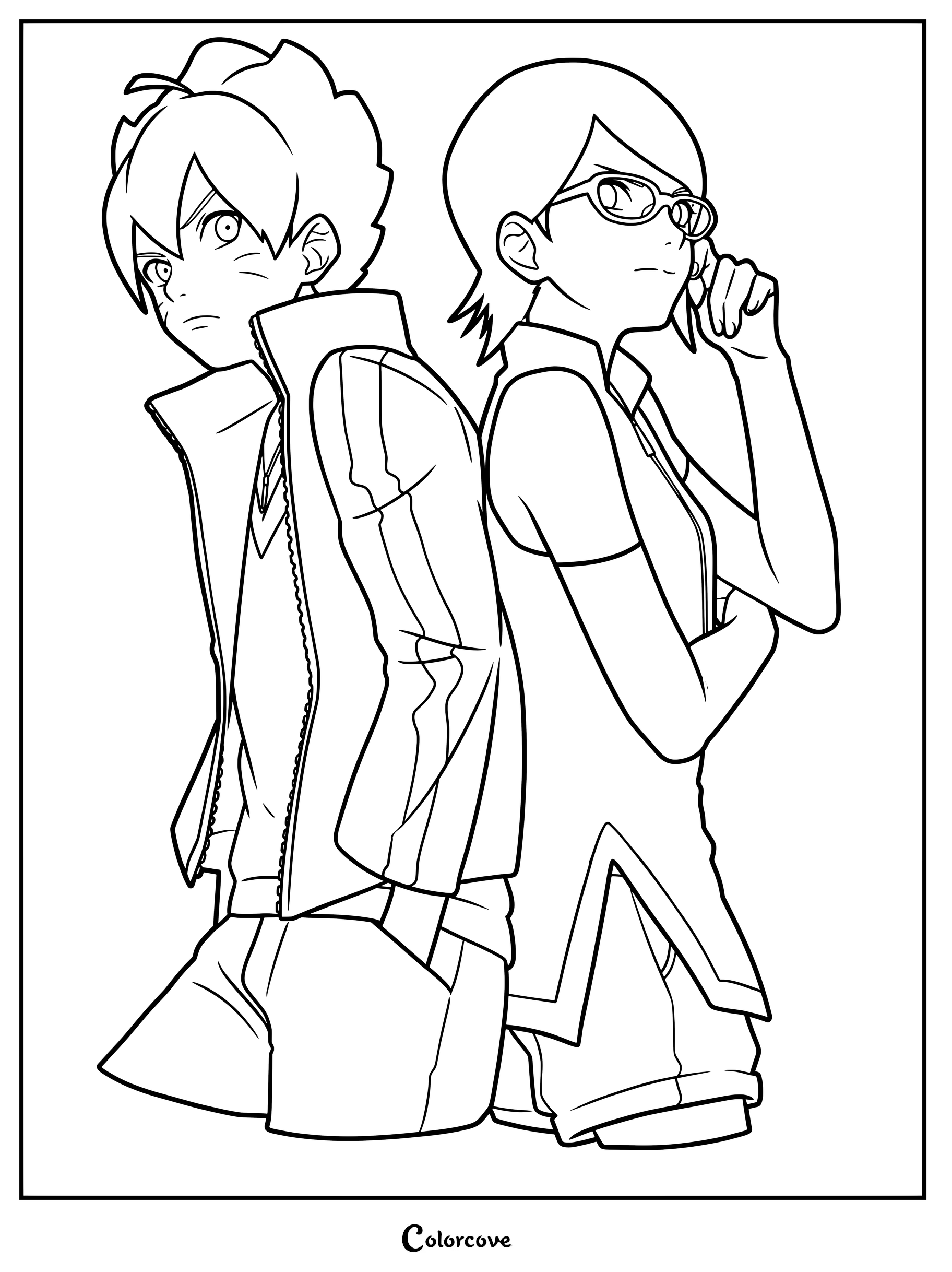 Coloriage de Boruto Uzumaki et Sarada Uchiwa de Boruto, debout dos à dos dans leurs tenues classiques de jeunesse