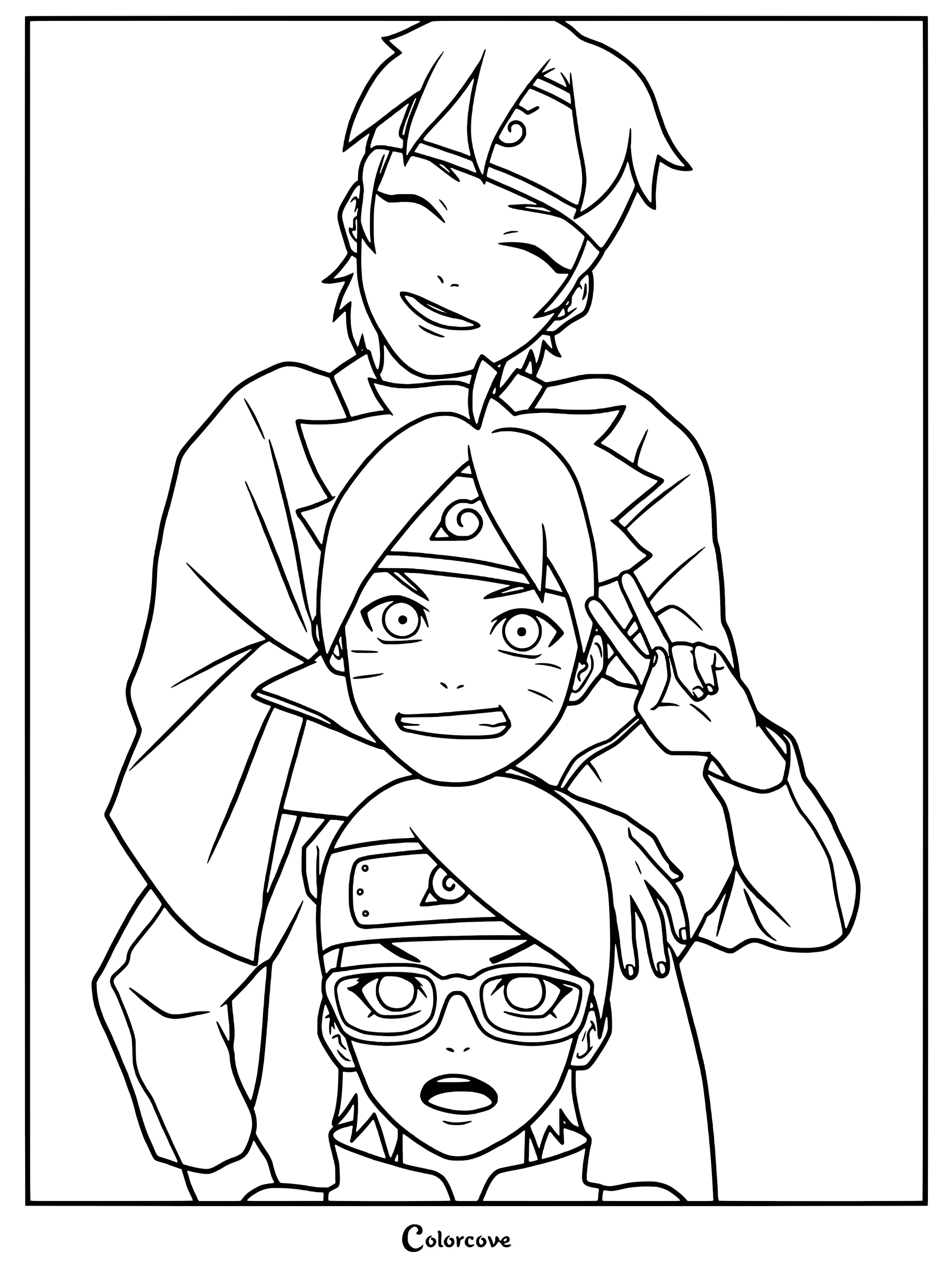 Coloriage de l'Équipe 7, également connue sous le nom d'Équipe Konohamaru, dans la série Boruto.