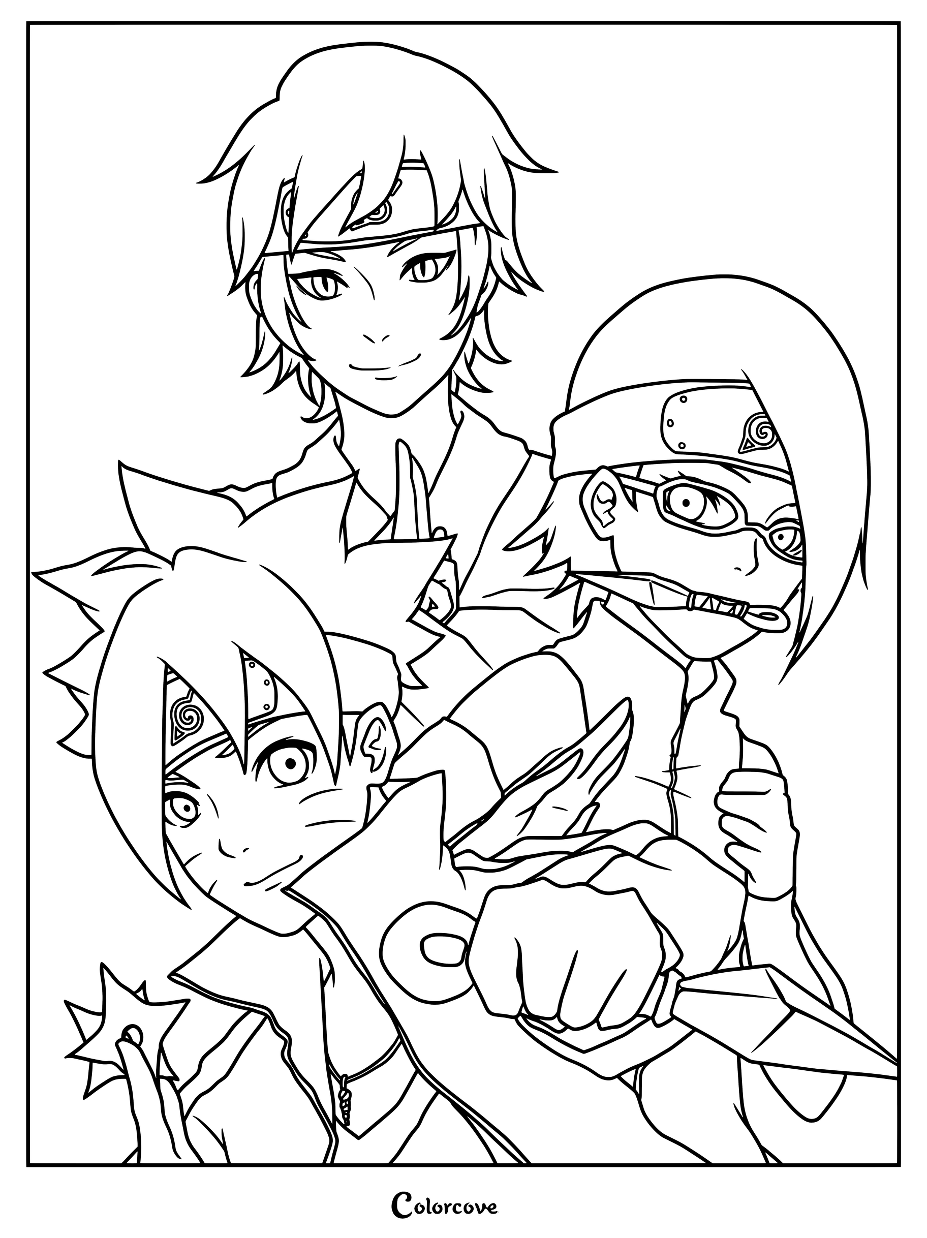 Coloriage de l'Équipe 7, aussi appelée Équipe Konohamaru, de la série Boruto, avec Boruto, Sarada et Mitsuki prêts au combat.