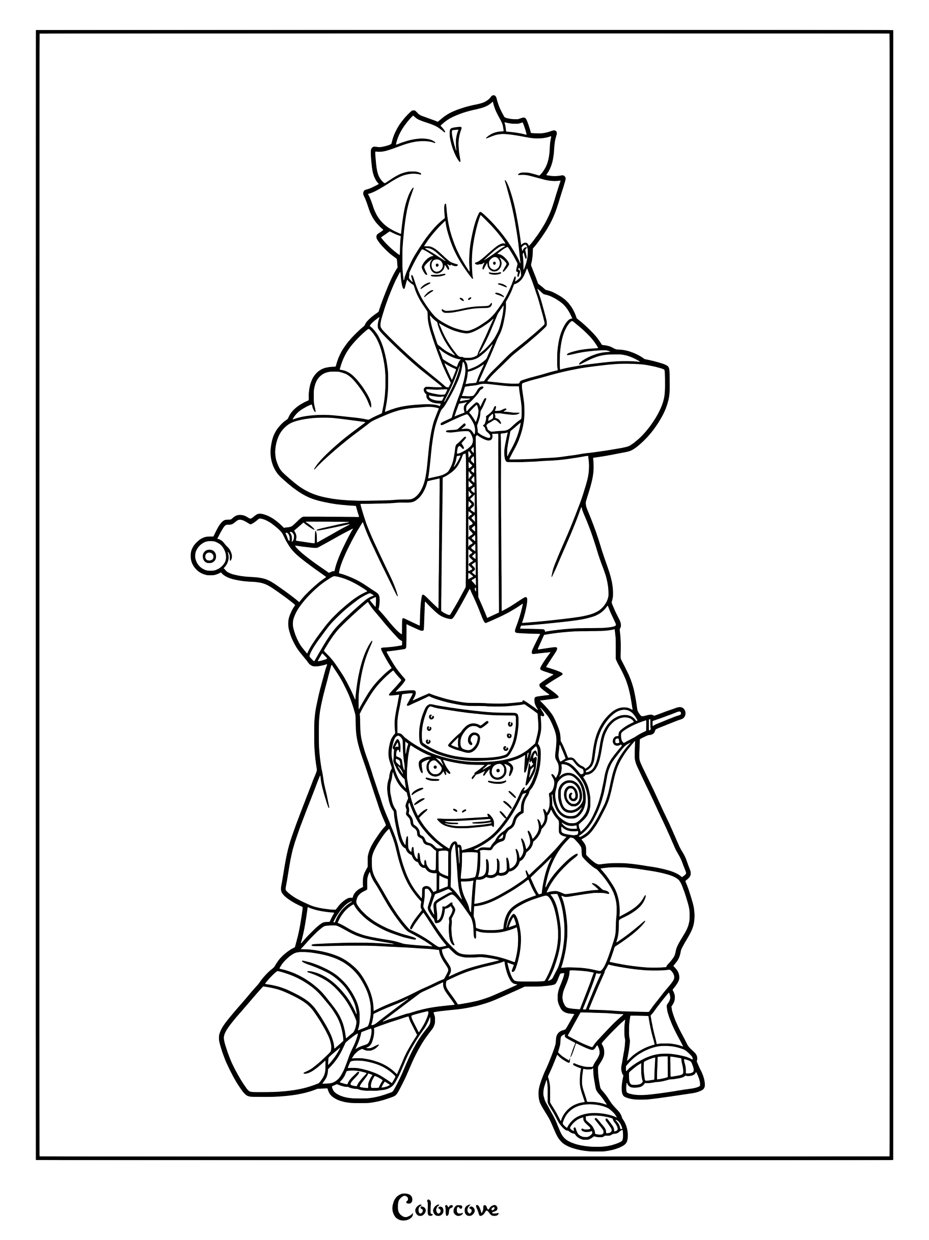 Coloriage crossover générationnel présentant Boruto Uzumaki debout derrière son père plus jeune, Naruto Uzumaki