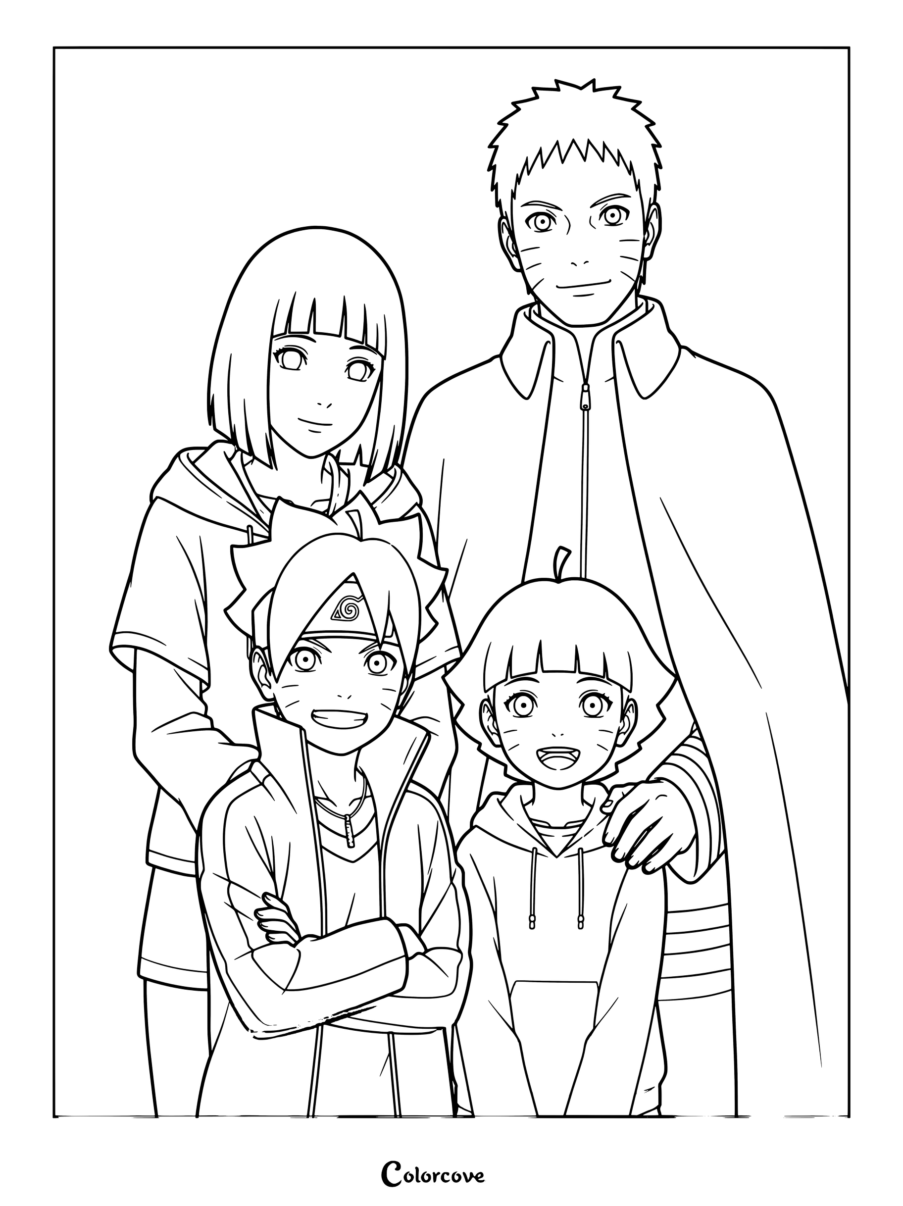 Coloriage en dessin au trait de la Famille Uzumaki tirée des séries animées Boruto et Naruto Shippuden