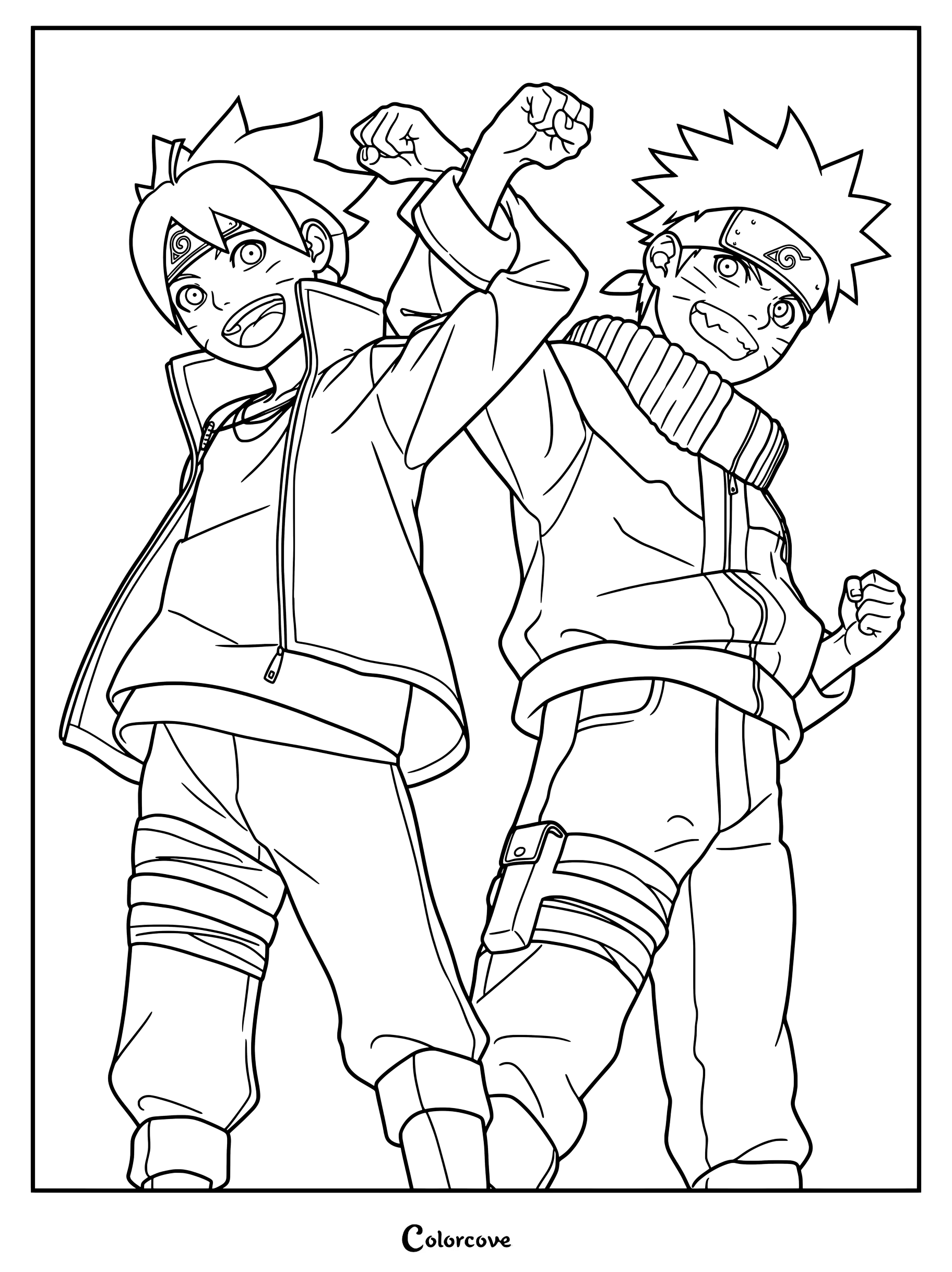 Ce coloriage à imprimer met en scène un jeune Boruto Uzumaki à gauche aux côtés de son père, le jeune Naruto Uzumaki à droite.