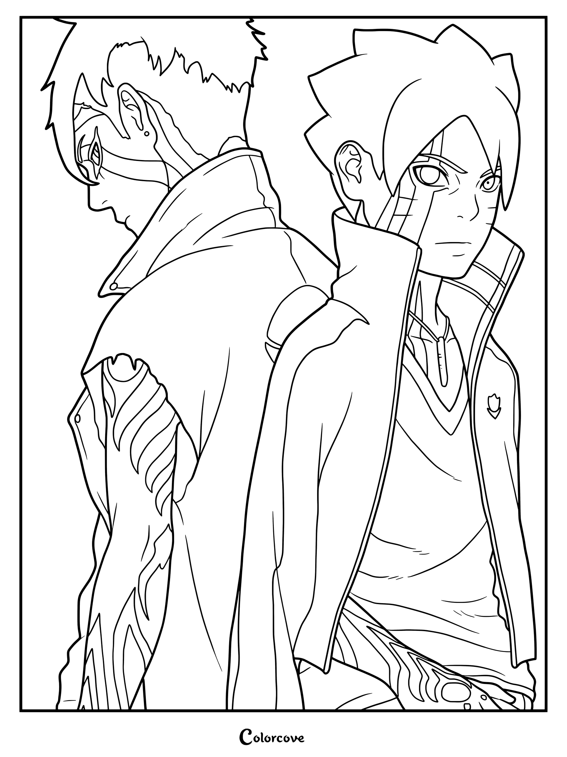 Coloriage à imprimer de Boruto et Kawaki debout dos à dos, arborant leurs marques Kâma