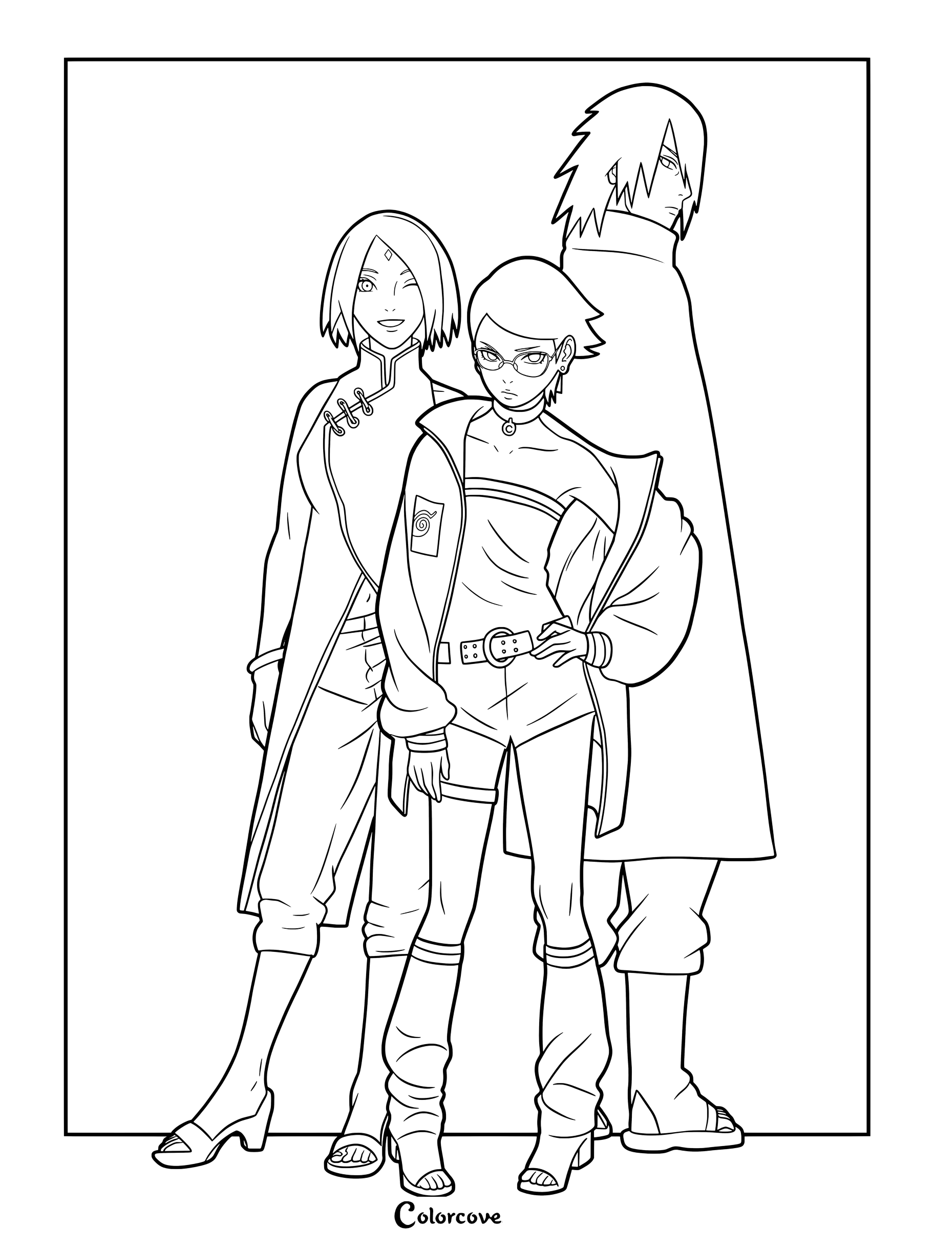 Ce coloriage met en scène les membres de la Famille Uchiwa de la franchise Naruto et Boruto
