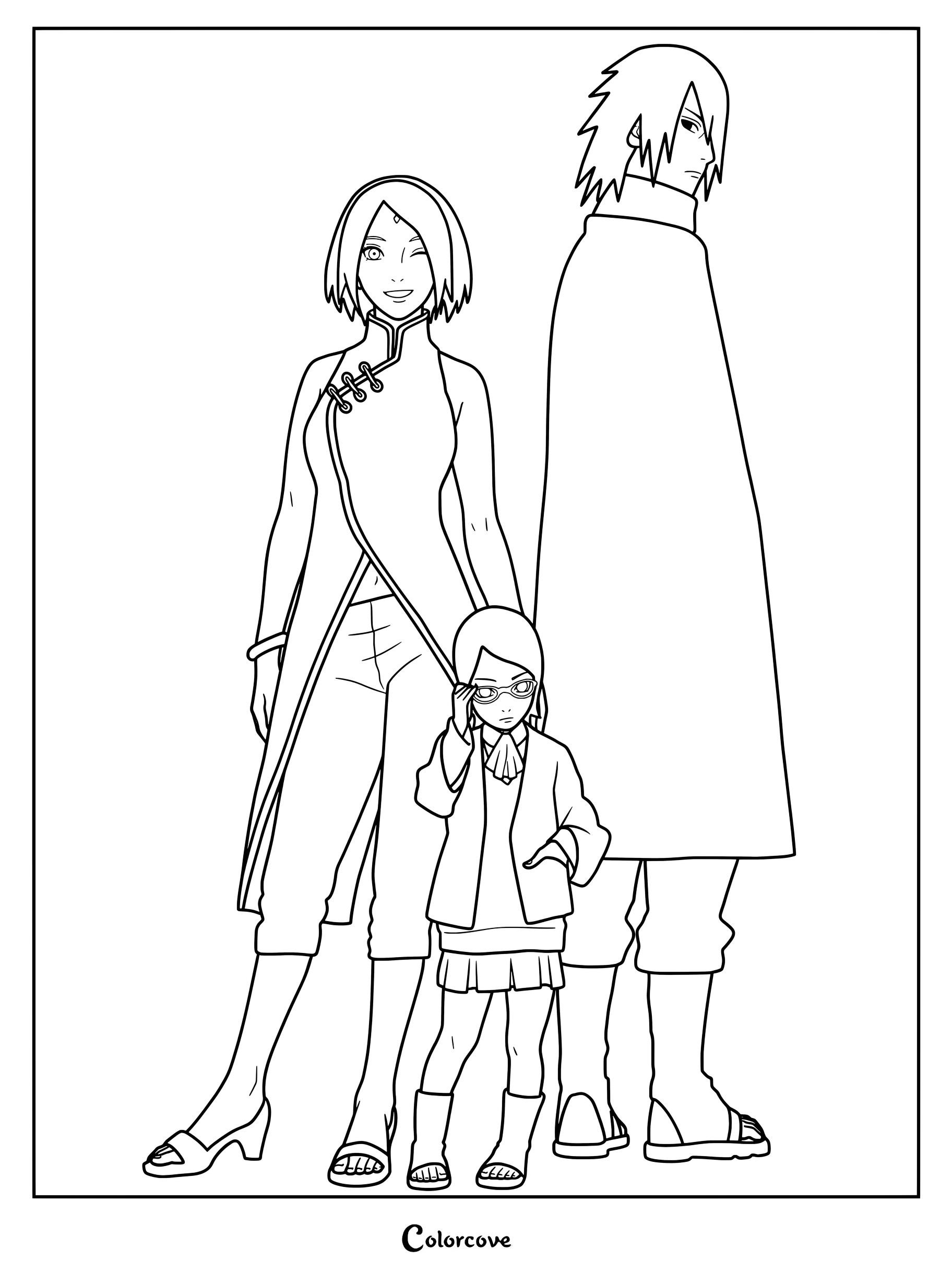 Coloriage à imprimer présentant les membres de la Famille Uchiwa de la franchise Naruto et Boruto réunis