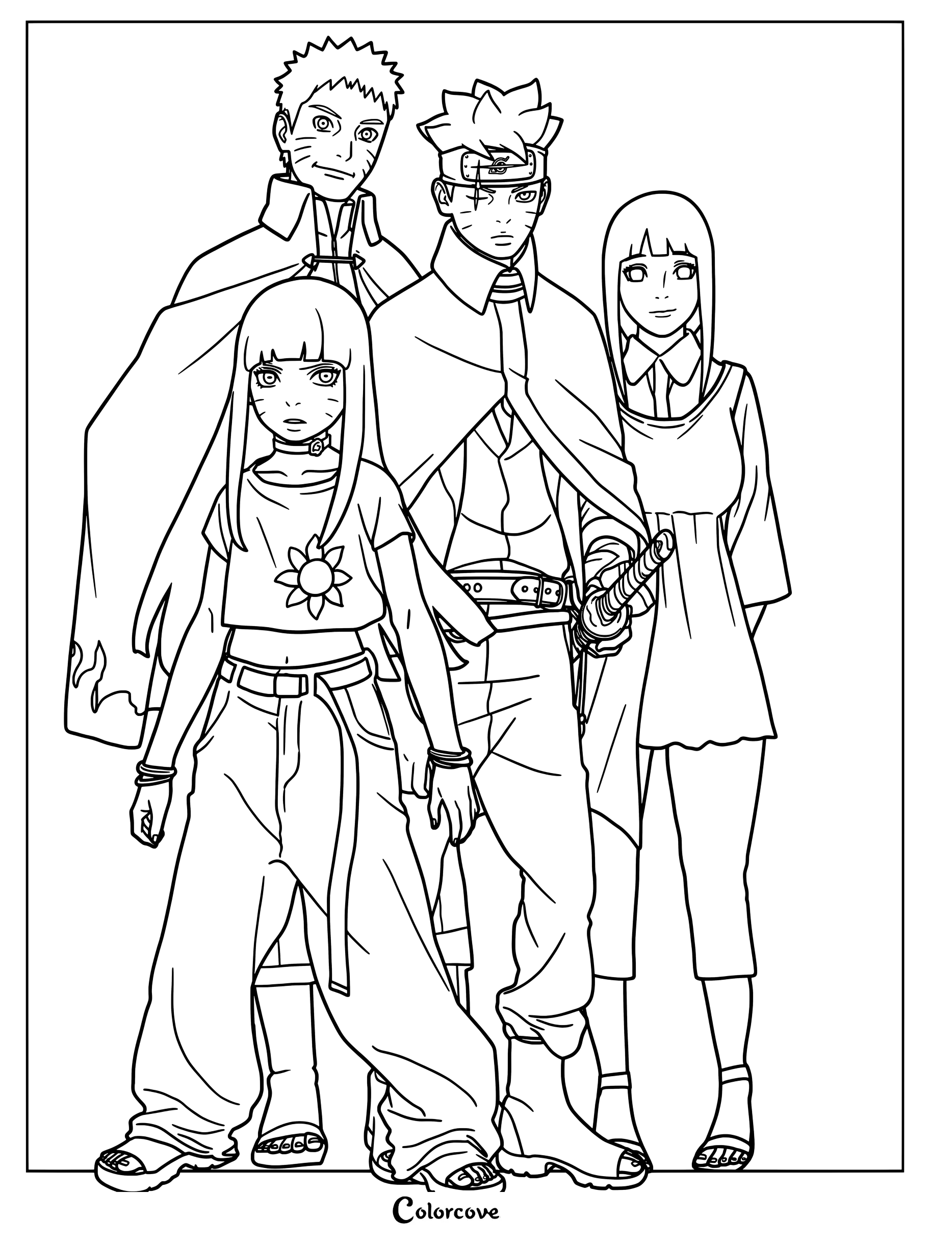 Coloriage fan art réunissant les membres de la Famille Uzumaki de Naruto et Boruto, présentant différentes époques et styles de dessin