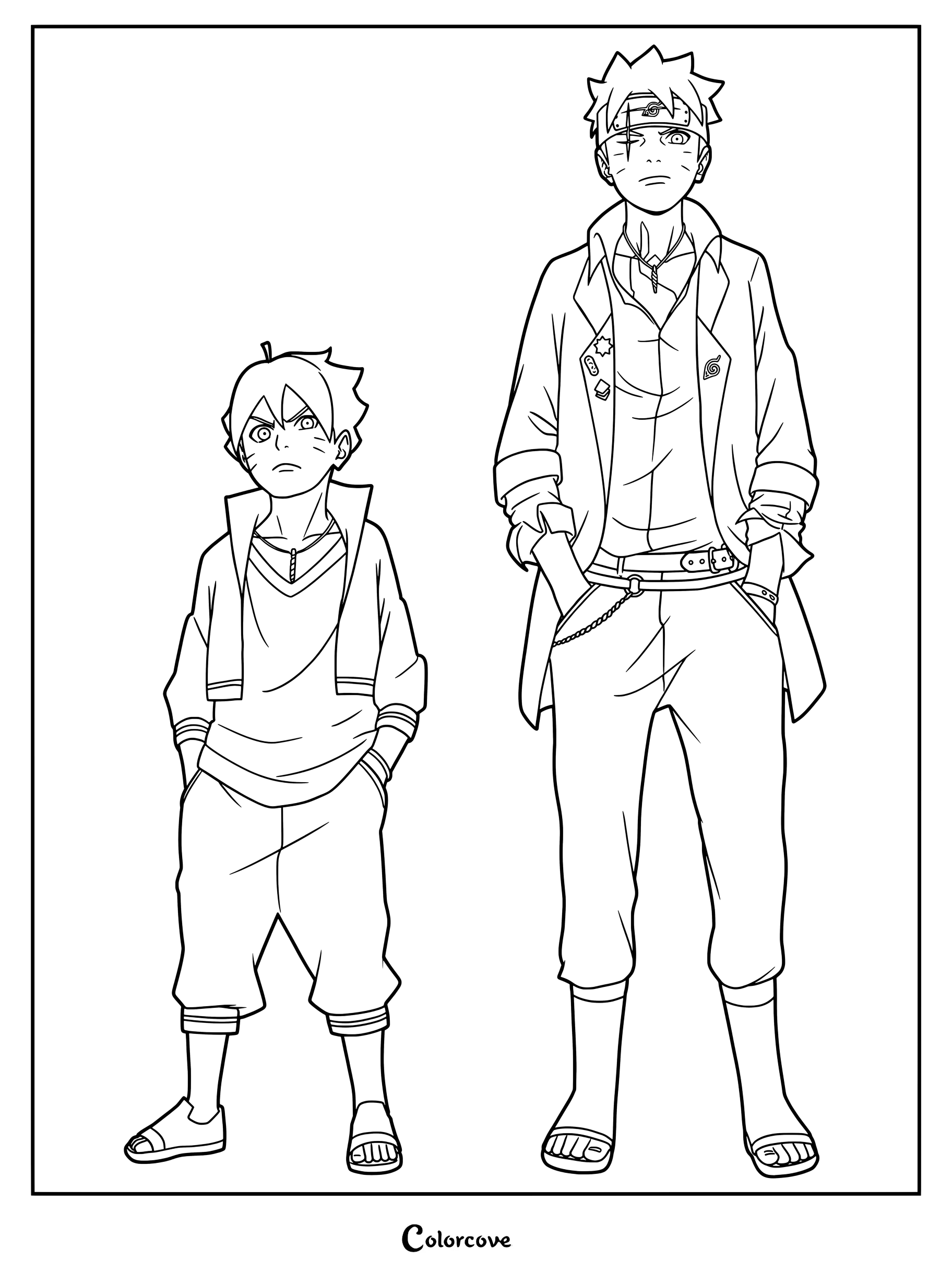 Ce coloriage compare l'évolution du design de Boruto Uzumaki depuis Boruto jusqu'à son apparence plus âgée dans Boruto Two Blue Vortex