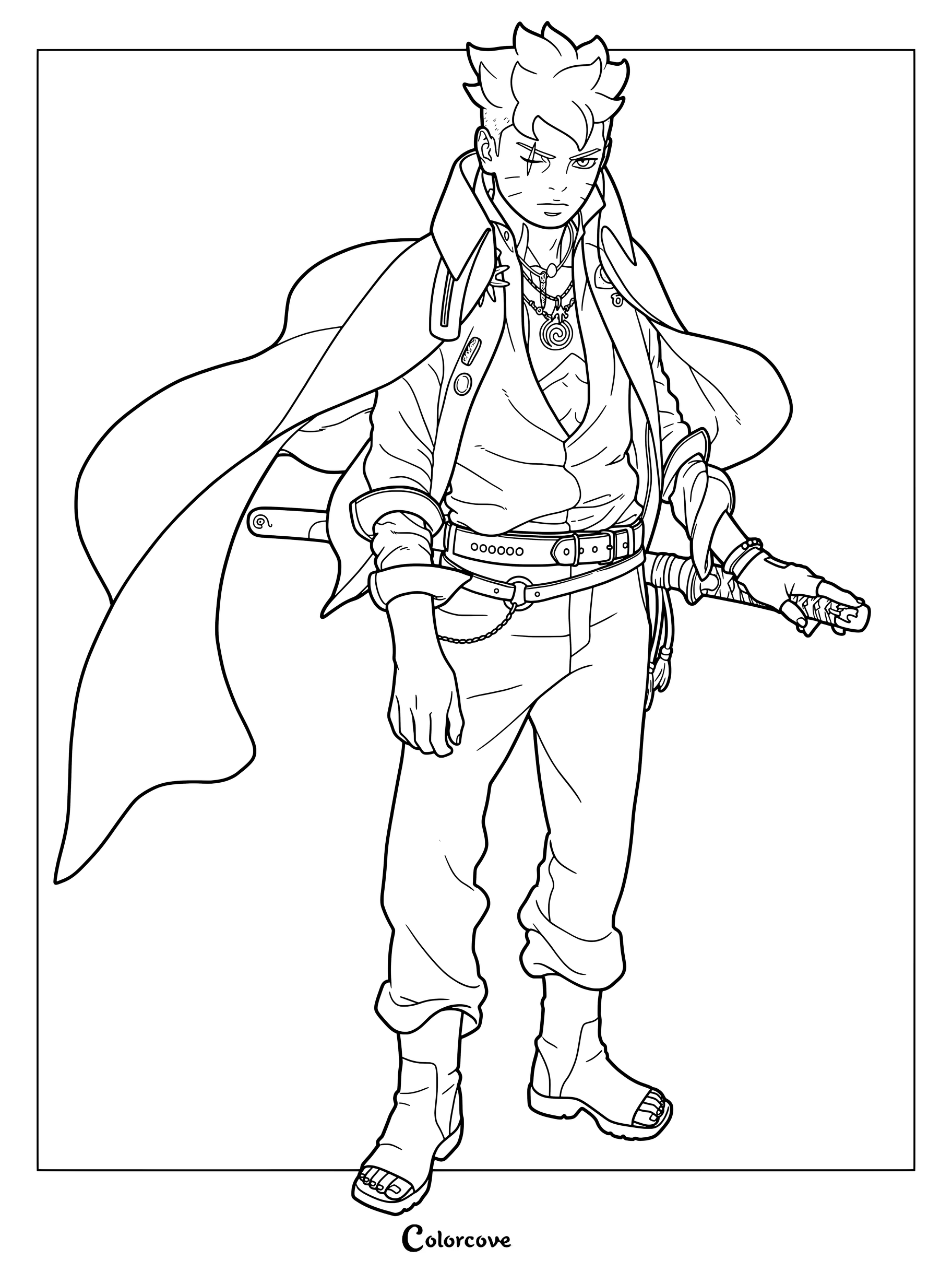 Coloriage d'une illustration spéciale pour le 10e anniversaire de Boruto Uzumaki, le montrant avec une cape flottante et une épée