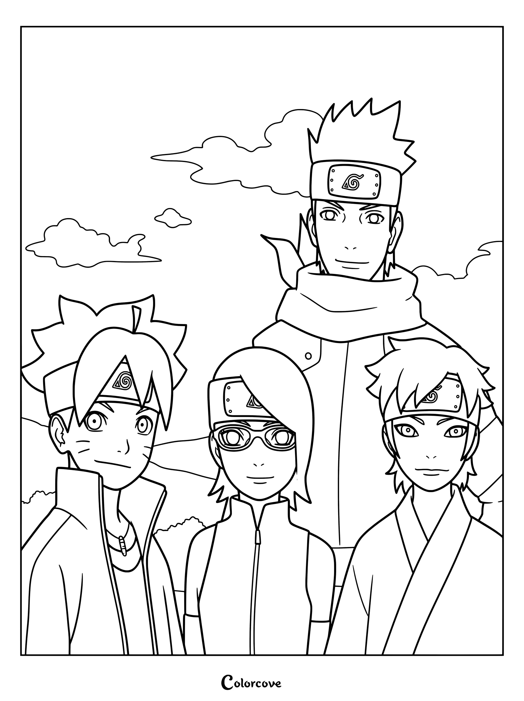Coloriage de l'Équipe Konohamaru dans Boruto avec le chef d'équipe Konohamaru Sarutobi à l'arrière, portant son écharpe bleue emblématique.