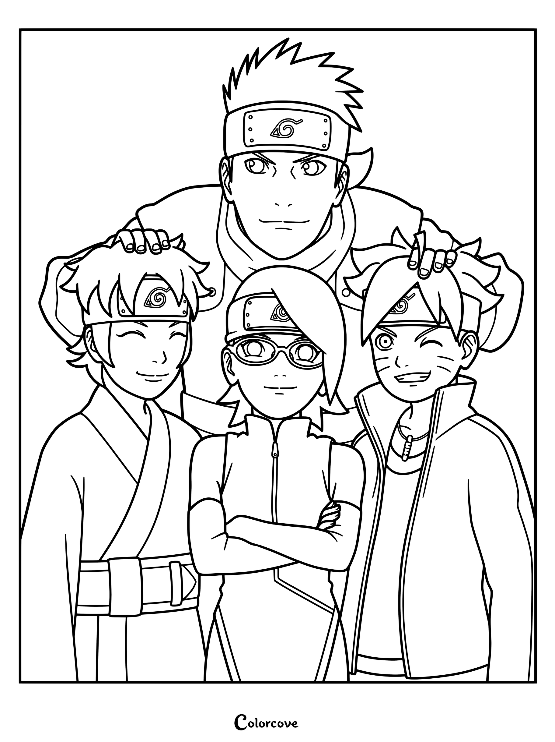 Coloriage de l'Équipe Konohamaru, la nouvelle Équipe 7 de Boruto, posant ensemble avec leur chef.