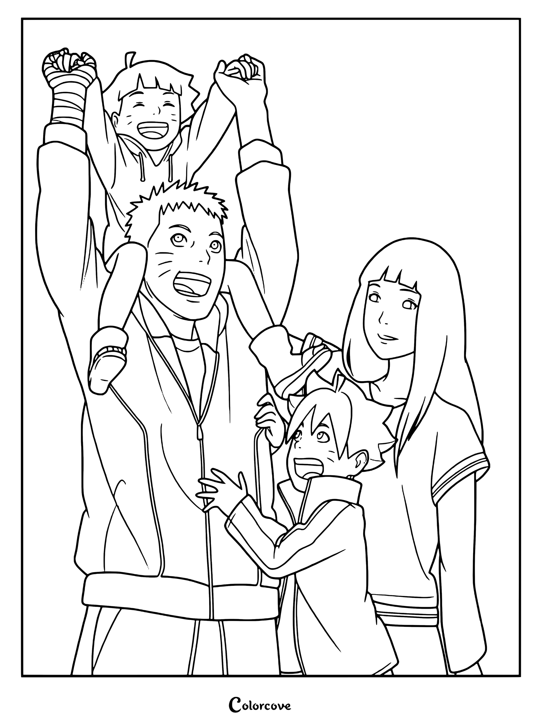Illustration joyeuse de la Famille Uzumaki des séries Naruto et Boruto à colorier avec Naruto, Hinata, Boruto et Himawari.