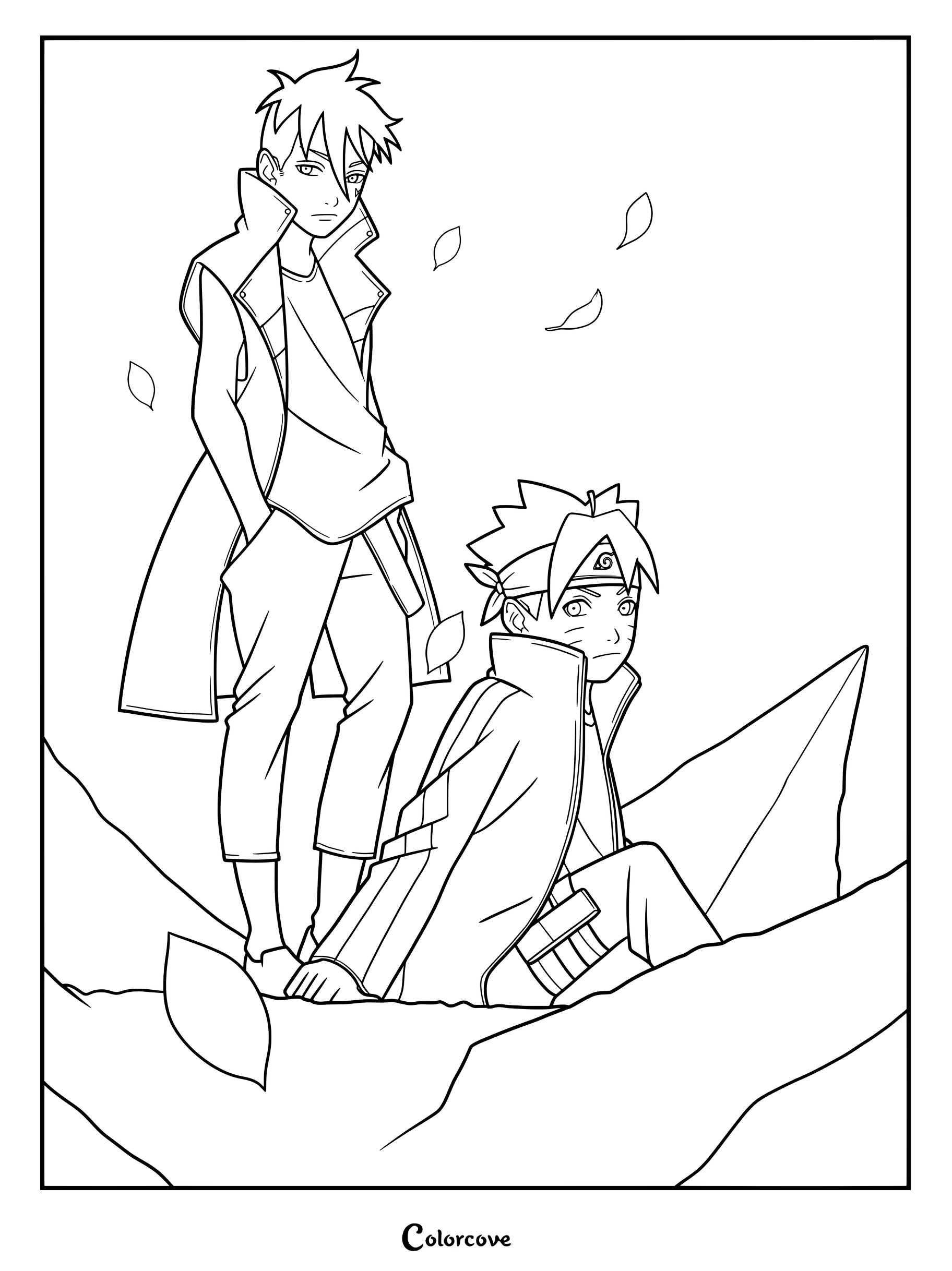 Coloriage à imprimer présentant Boruto Uzumaki et Kawaki debout en extérieur au milieu des feuilles tombantes