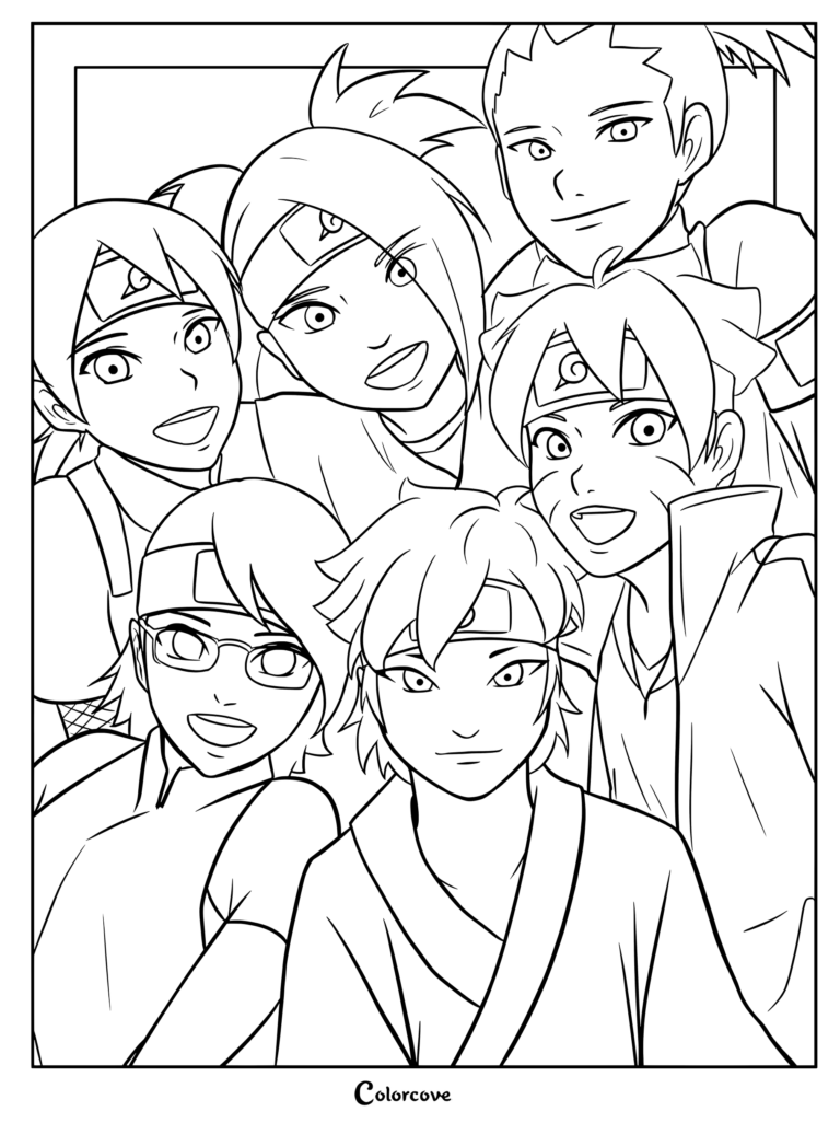 Dibujo para colorear de Boruto Uzumaki, Sarada Uchiha, Mitsuki, Shikadai Nara, Inojin Yamanaka y Chōchō Akimichi