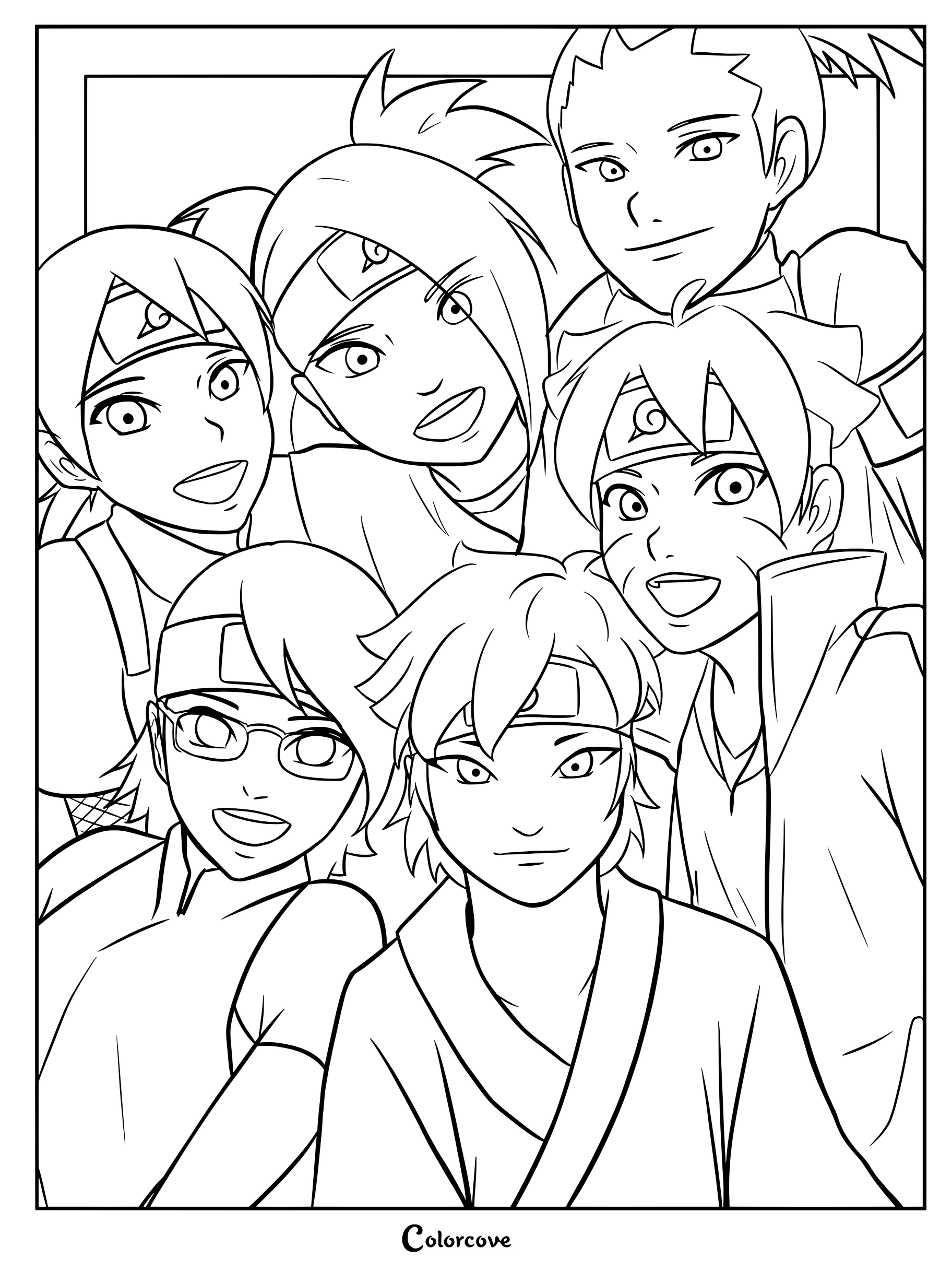 Coloriage de Boruto Uzumaki, Sarada Uchiwa, Mitsuki, Shikadai Nara, Inojin Yamanaka et Chôchô Akimichi.