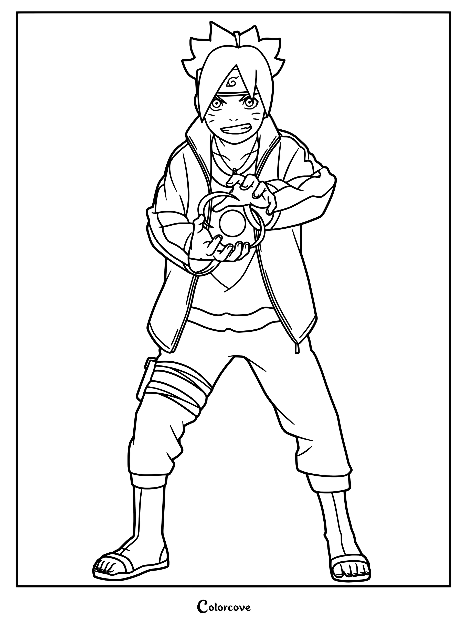 Coloriage de Boruto mettant en scène le jeune ninja préparant son Jutsu