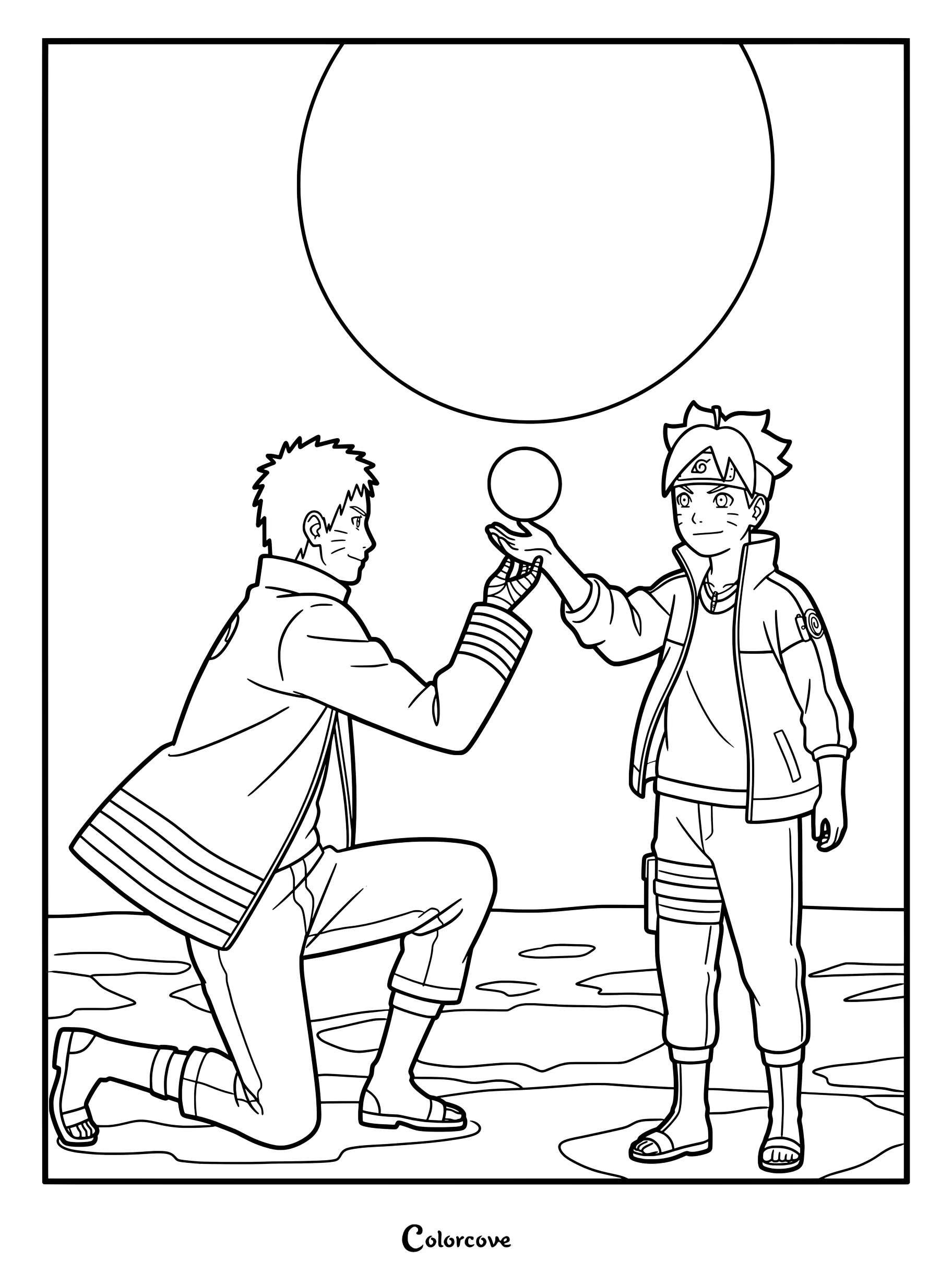 Coloriage de Naruto et Boruto créant un Rasengan Père-Fils