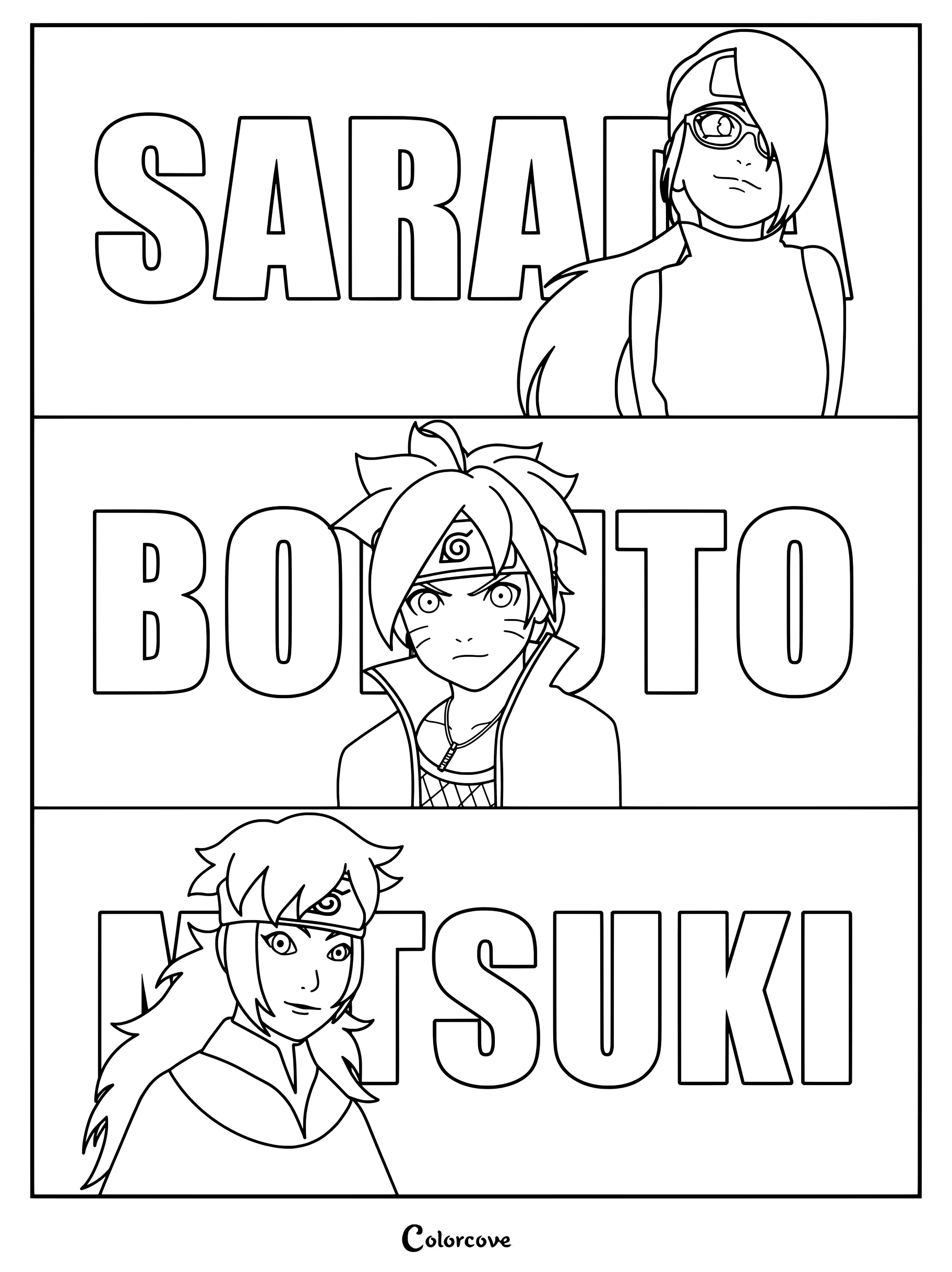 Coloriage de Sarada, Boruto et Mitsuki présentant leurs portraits avec leurs noms écrits en gras.