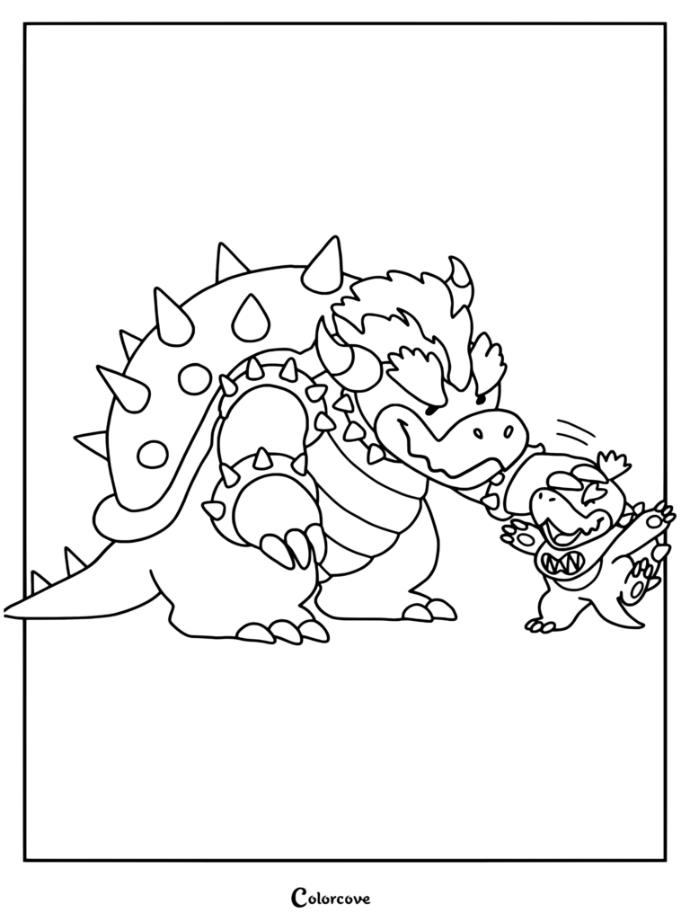 Dibujo de bowser y bowser jr 2 para imprimir de Bowser acariciando afectuosamente la cabeza de Bowser Jr., quien sonríe feliz.
