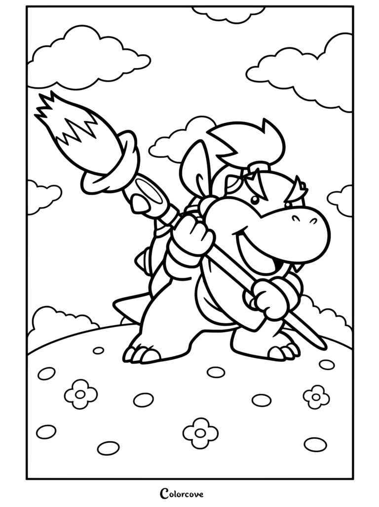 Bowser Jr sosteniendo un pincel mágico en una colina cubierta de hierba con cielo azul y nubes, dibujo para colorear de dibujos de bowser y bowser jr 2