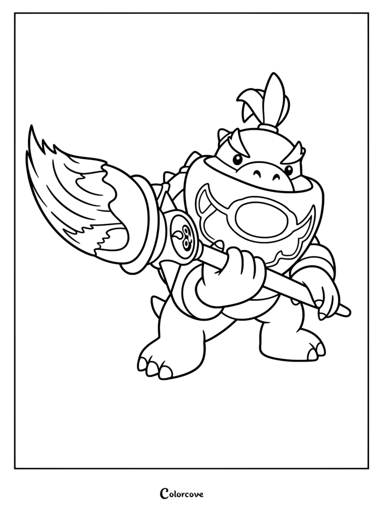 Dibujo de dibujos de bowser y bowser jr 2 que muestra a Bowser Jr sosteniendo un pincel mágico con pintura roja y amarilla y usando un babero bandana morado