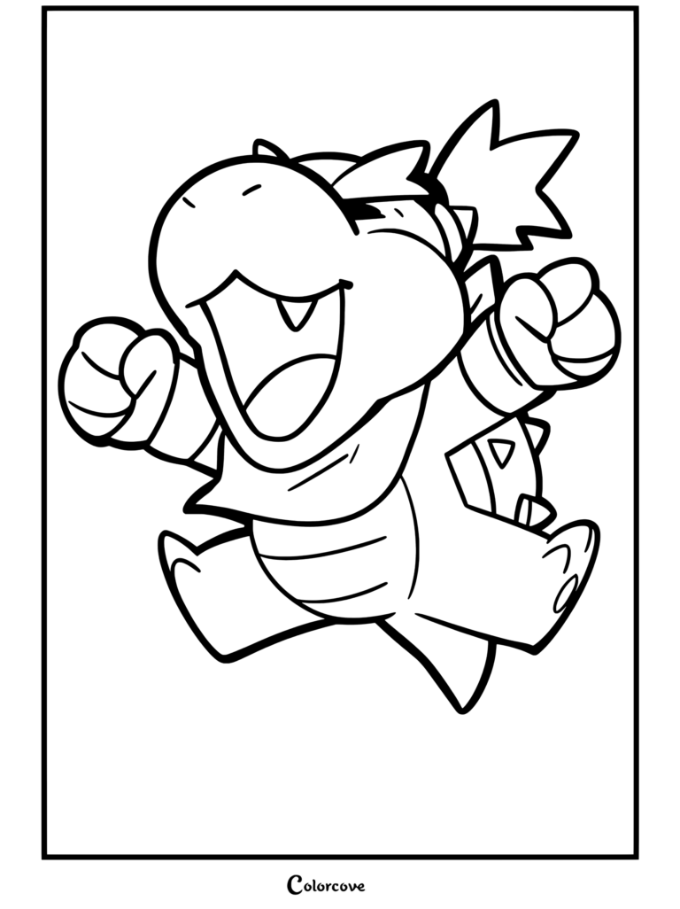 Bowser Jr saltando alegremente con los brazos levantados y expresión feliz con la boca abierta en estilo de arte glitch, dibujo para colorear para fans de dibujos de bowser y bowser jr 2